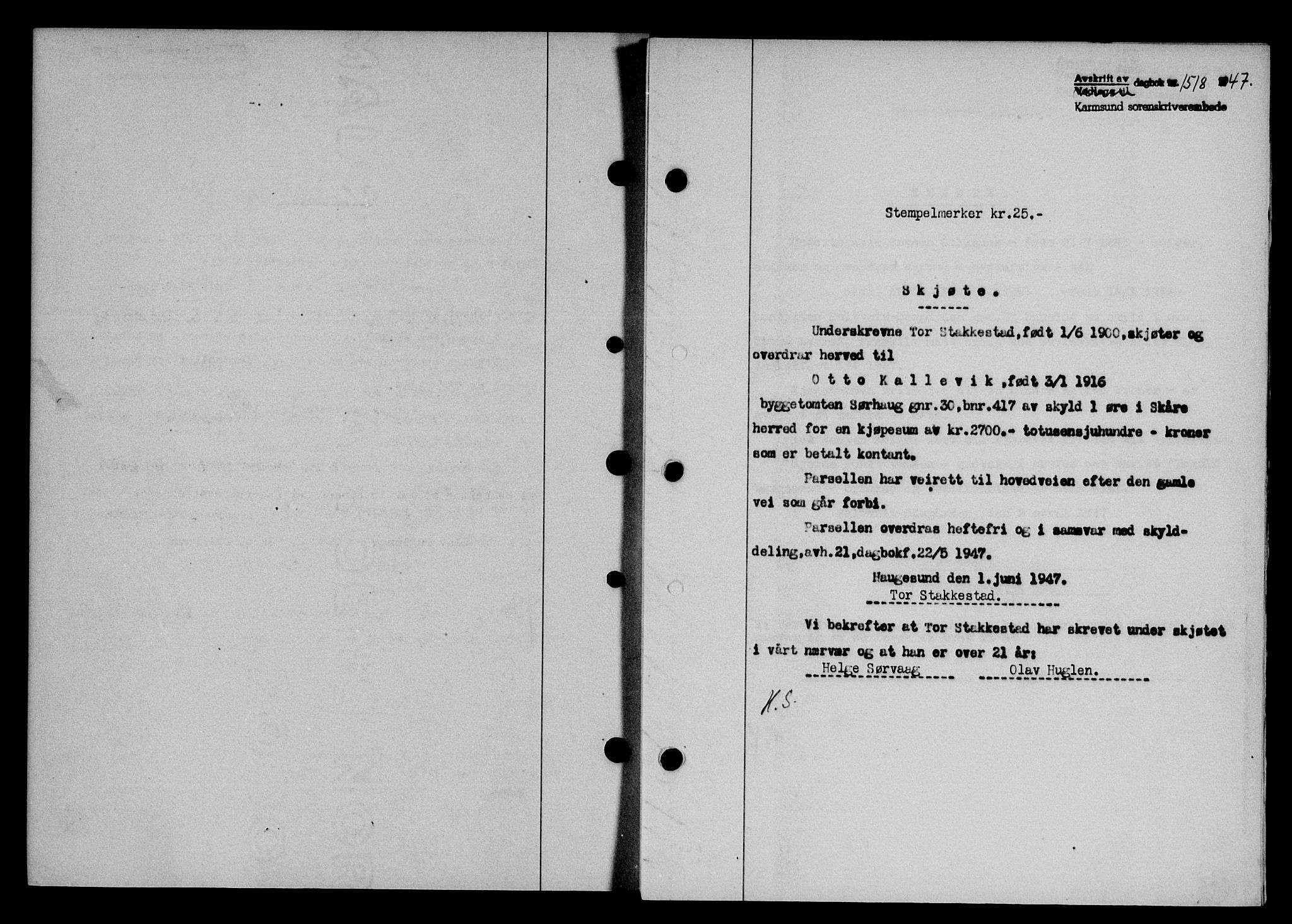 Karmsund sorenskriveri, SAST/A-100311/01/II/IIB/L0090: Mortgage book no. 70A, 1947-1947, Diary no: : 1518/1947