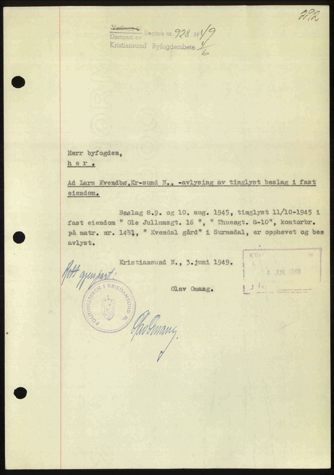 Kristiansund byfogd, AV/SAT-A-4587/A/27: Mortgage book no. 45, 1948-1949, Diary no: : 928/1949