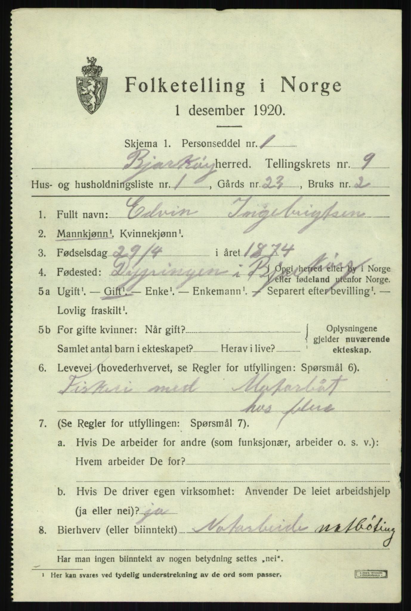 SATØ, 1920 census for Bjarkøy, 1920, p. 3819