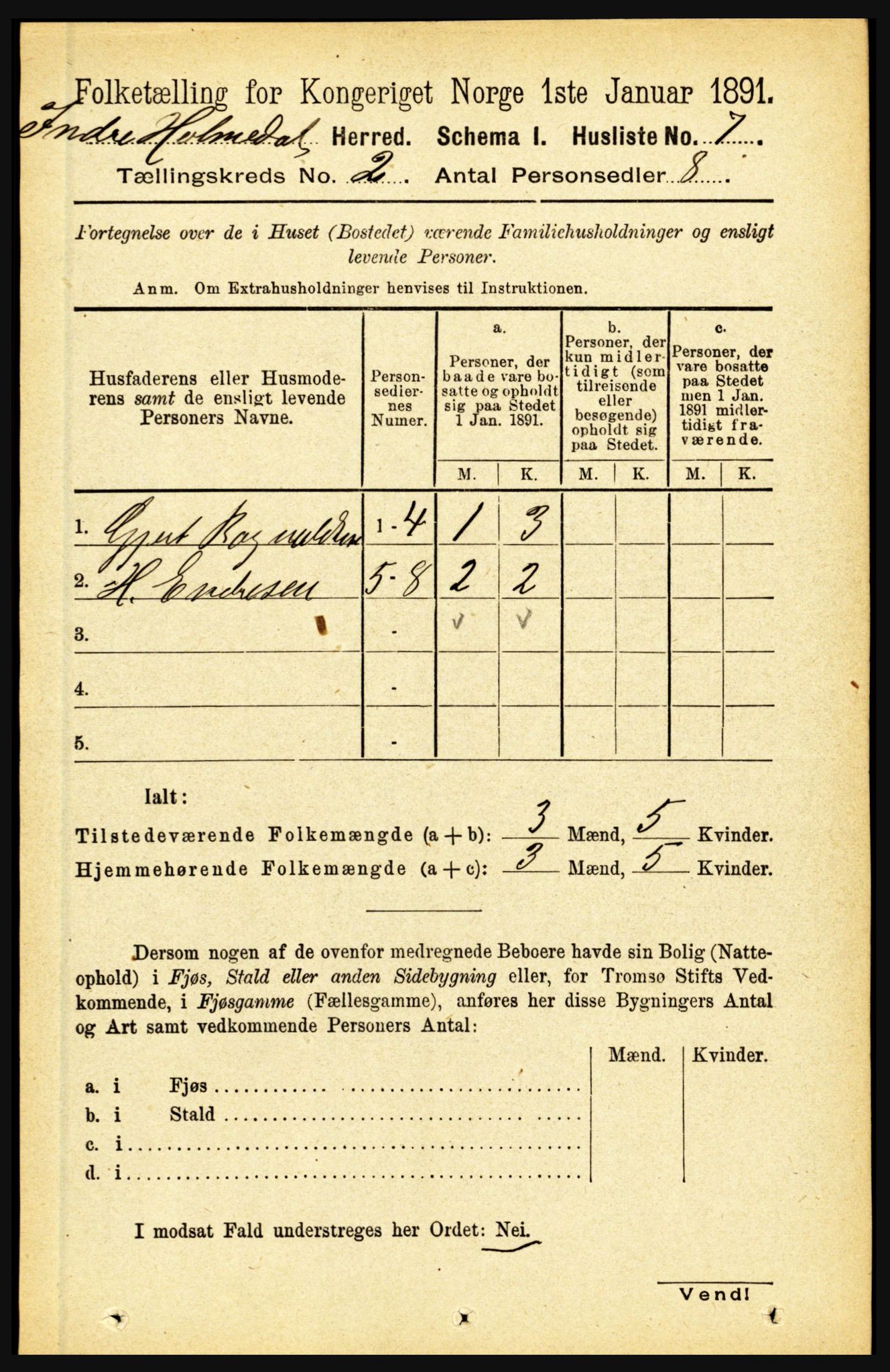 RA, 1891 census for 1430 Indre Holmedal, 1891, p. 407