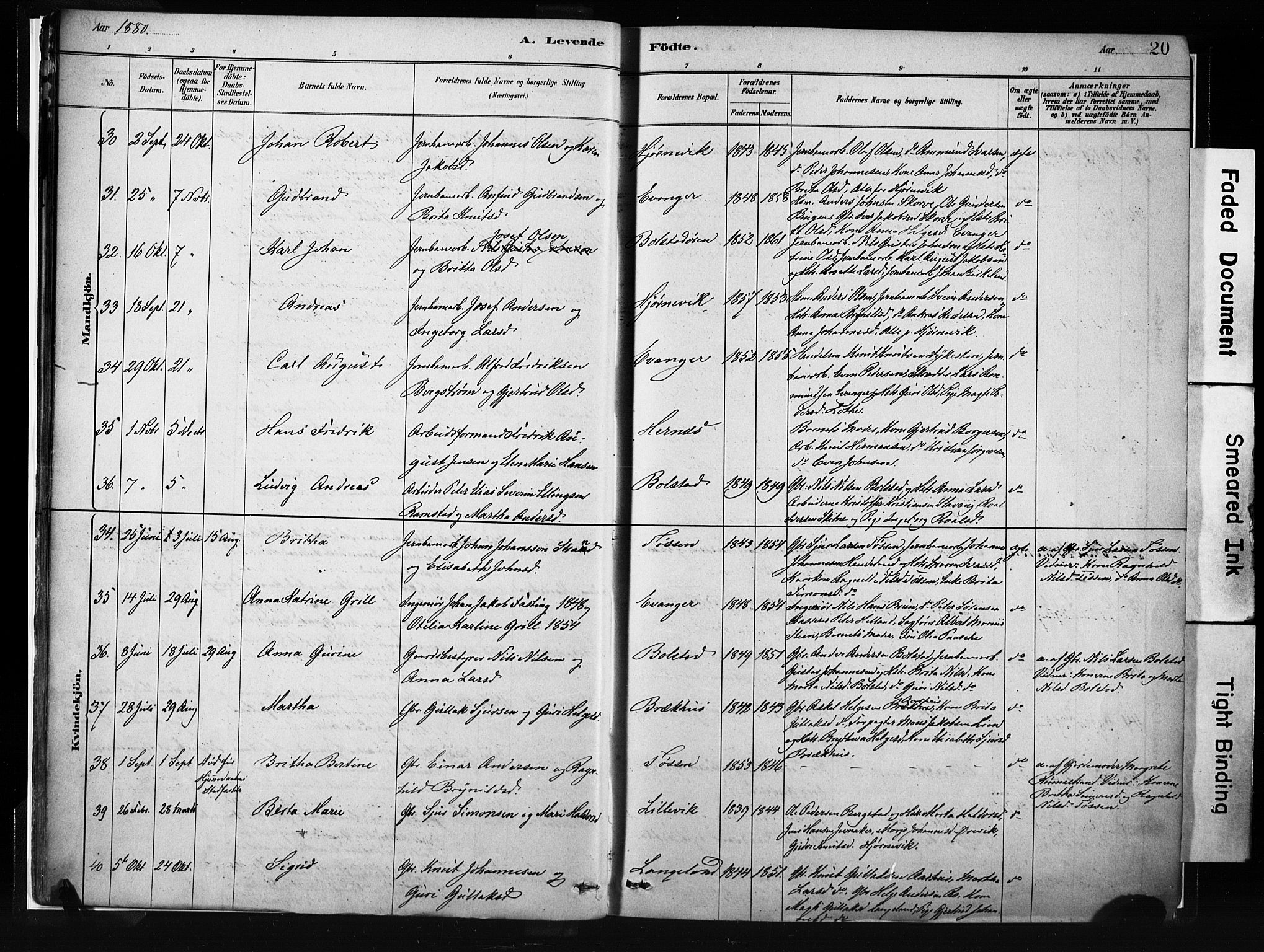 Evanger sokneprestembete, AV/SAB-A-99924: Parish register (official) no. A 1, 1877-1899, p. 20