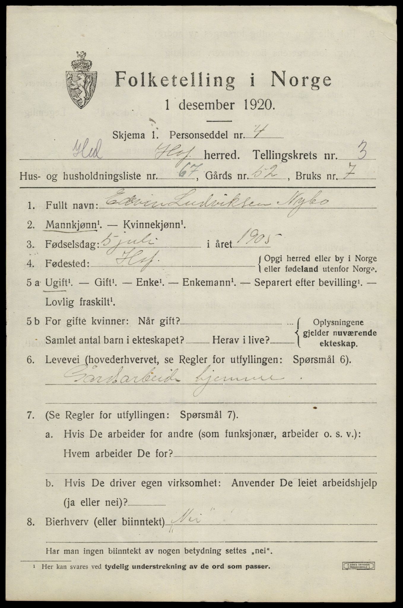 SAH, 1920 census for Hof, 1920, p. 4739