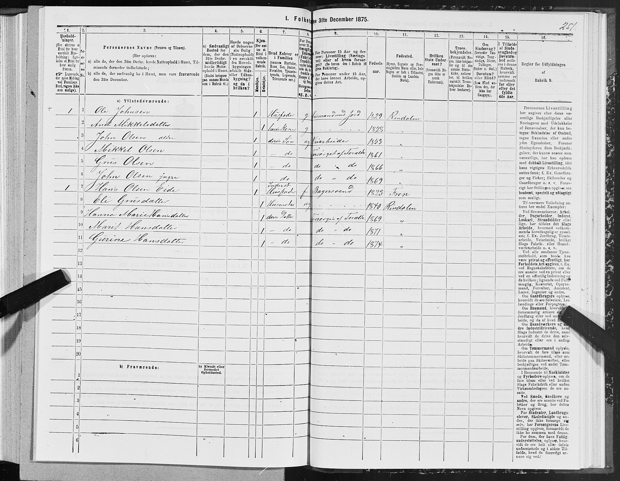 SAT, 1875 census for 1567P Rindal, 1875, p. 1251