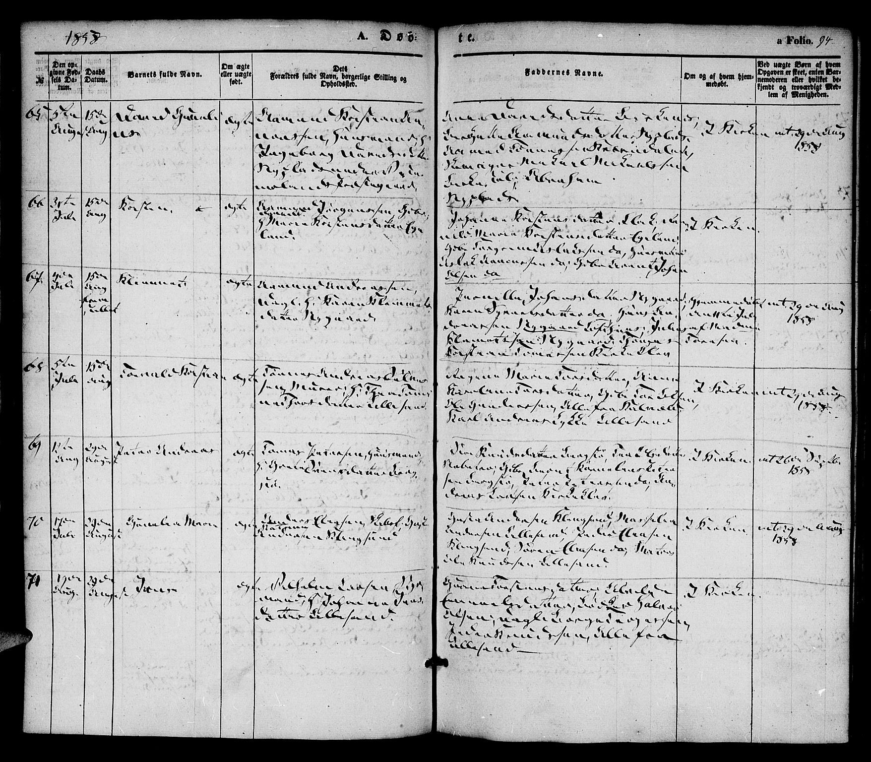 Vestre Moland sokneprestkontor, AV/SAK-1111-0046/F/Fa/Fab/L0006: Parish register (official) no. A 6, 1850-1858, p. 94