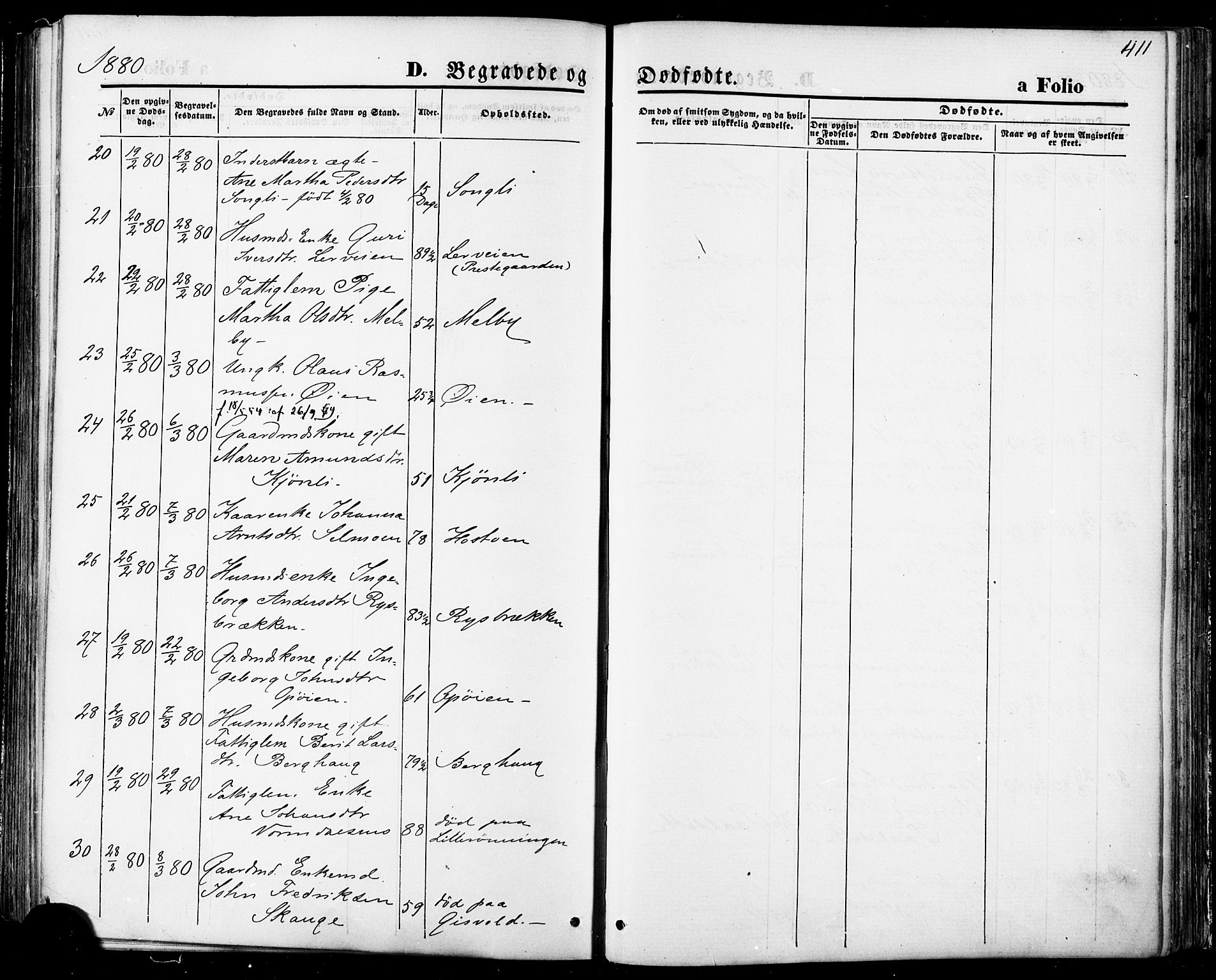 Ministerialprotokoller, klokkerbøker og fødselsregistre - Sør-Trøndelag, AV/SAT-A-1456/668/L0807: Parish register (official) no. 668A07, 1870-1880, p. 411