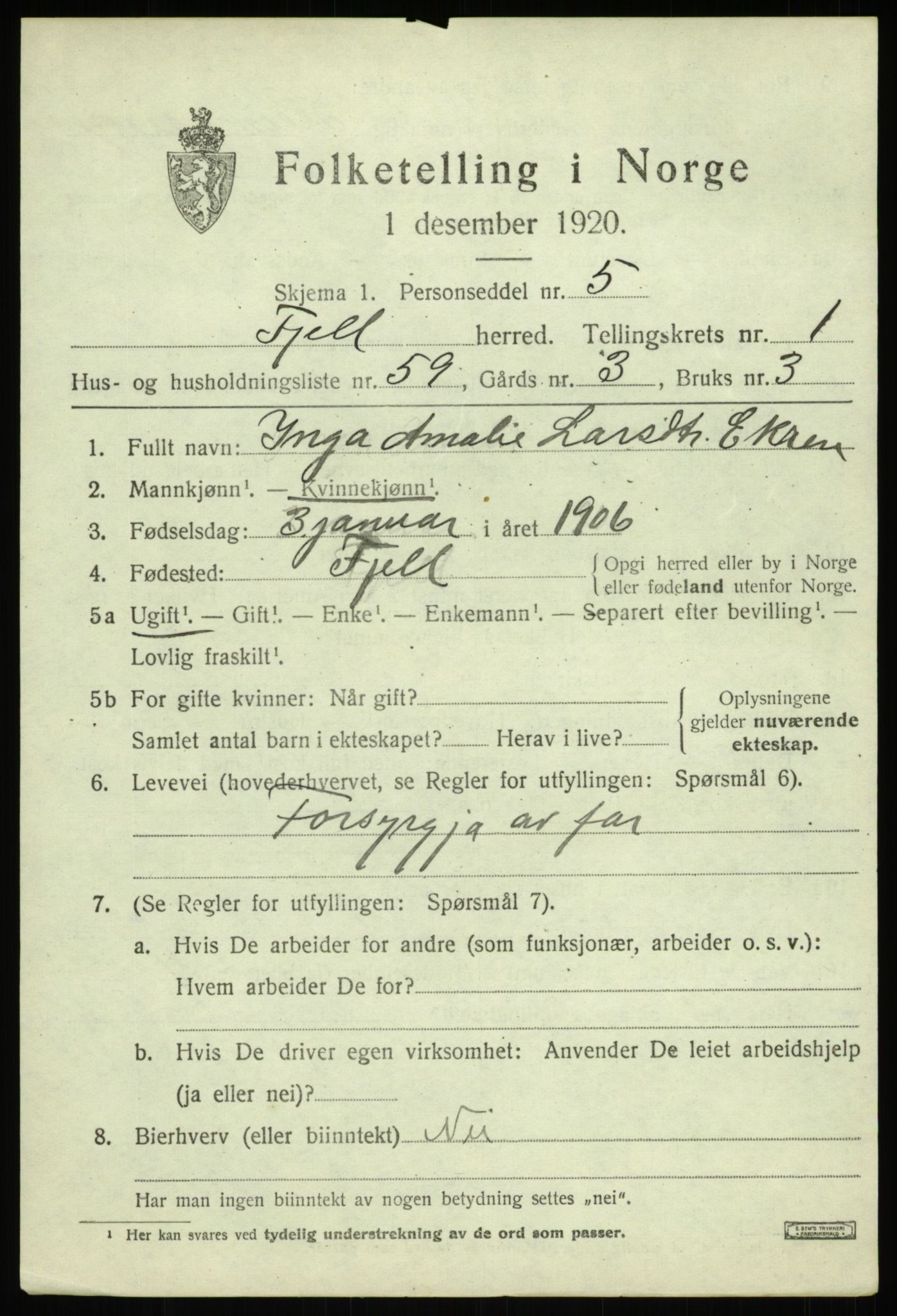 SAB, 1920 census for Fjell, 1920, p. 2242