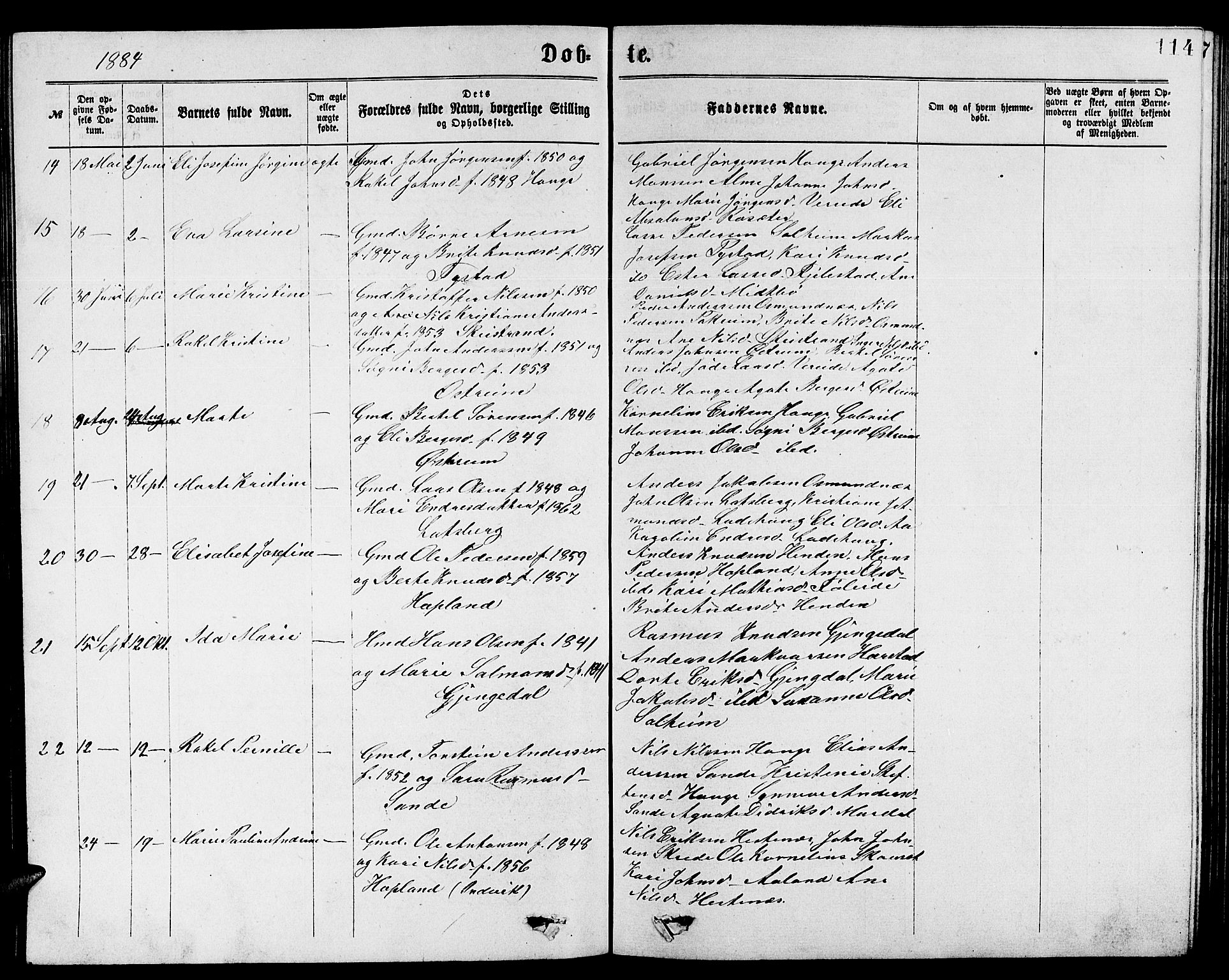 Gloppen sokneprestembete, SAB/A-80101/H/Hab/Habb/L0001: Parish register (copy) no. B 1, 1872-1888, p. 114