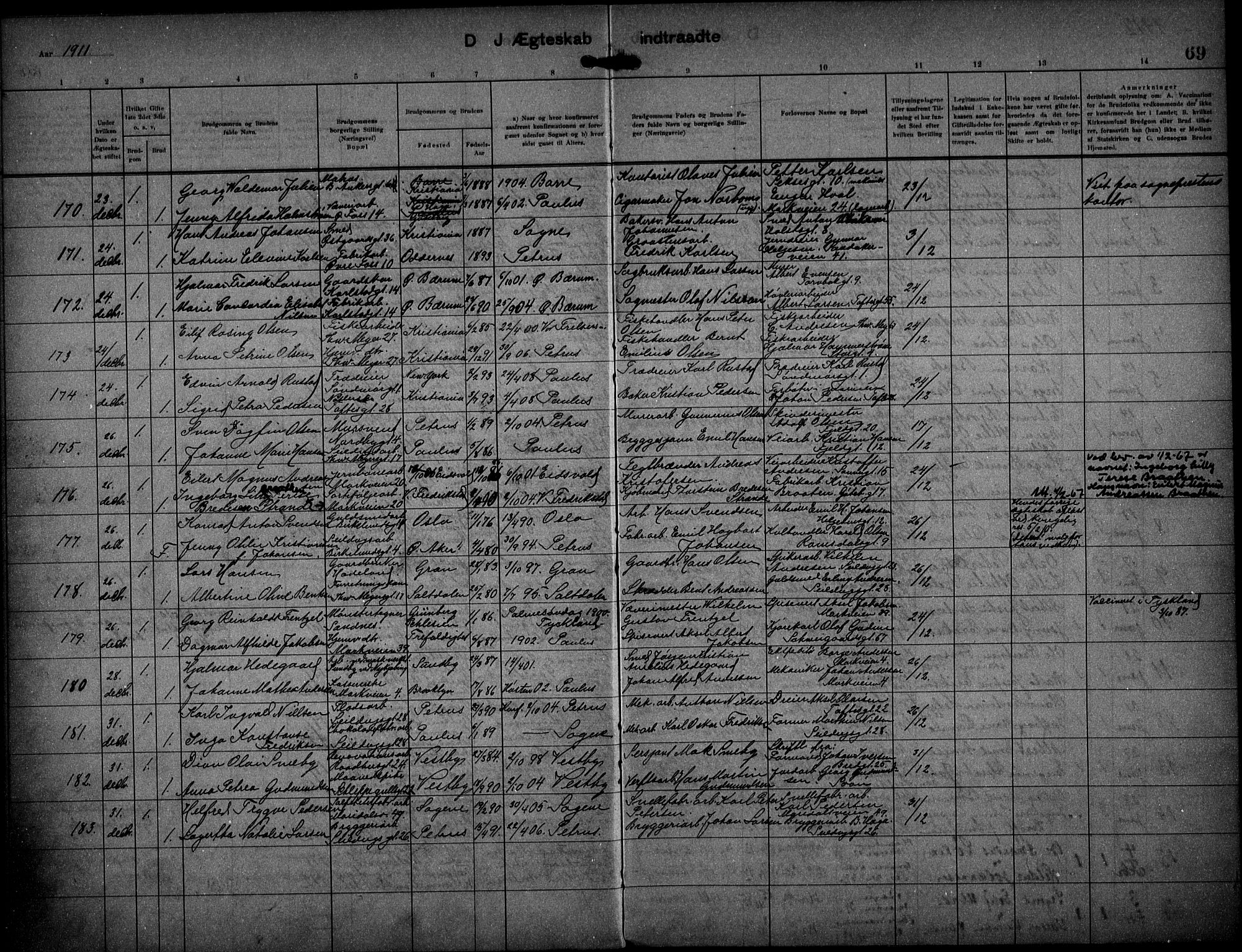 Paulus prestekontor Kirkebøker, AV/SAO-A-10871/F/Fa/L0017: Parish register (official) no. 17, 1906-1917, p. 69