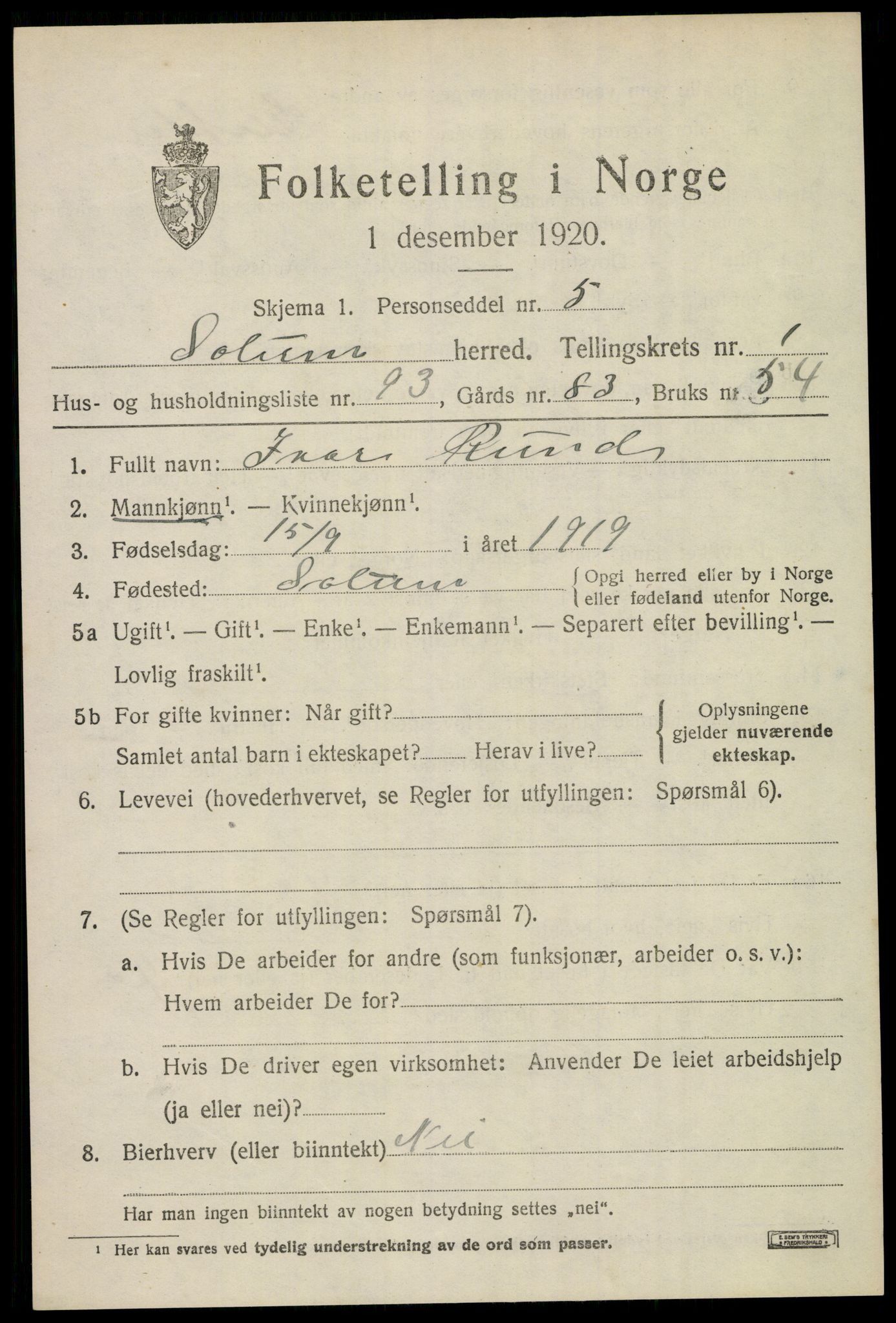 SAKO, 1920 census for Solum, 1920, p. 3888