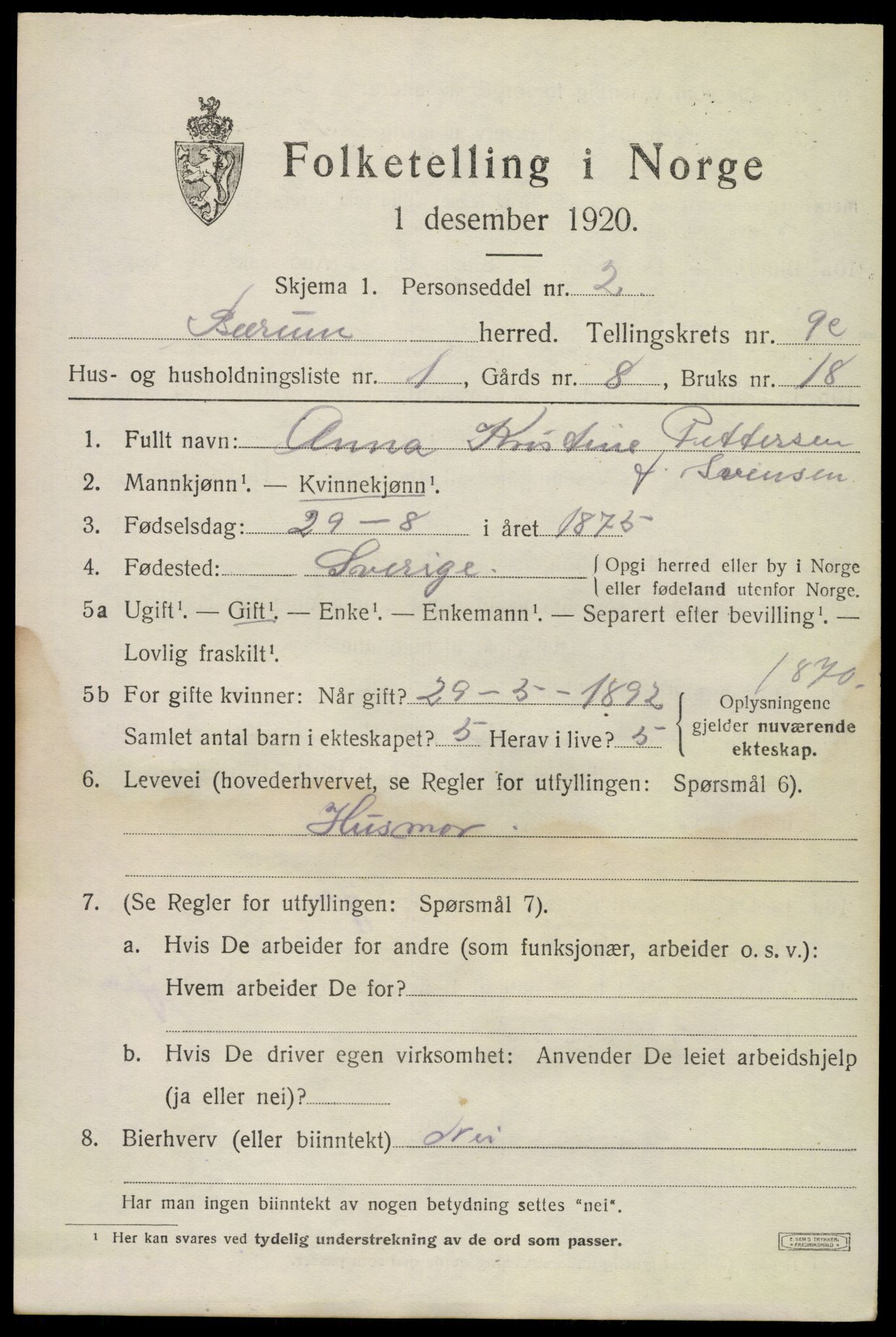 SAO, 1920 census for Bærum, 1920, p. 21882