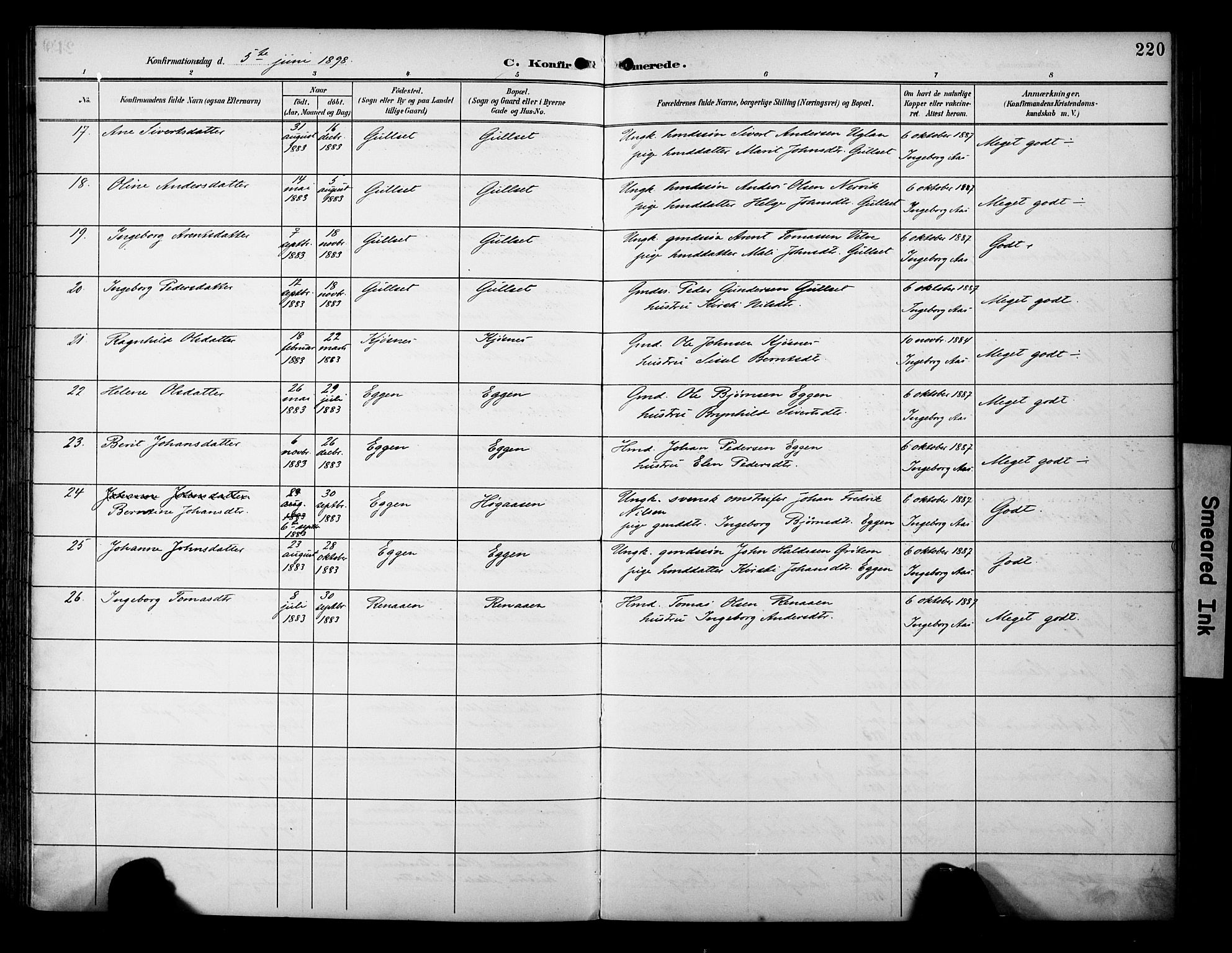 Ministerialprotokoller, klokkerbøker og fødselsregistre - Sør-Trøndelag, AV/SAT-A-1456/695/L1149: Parish register (official) no. 695A09, 1891-1902, p. 220