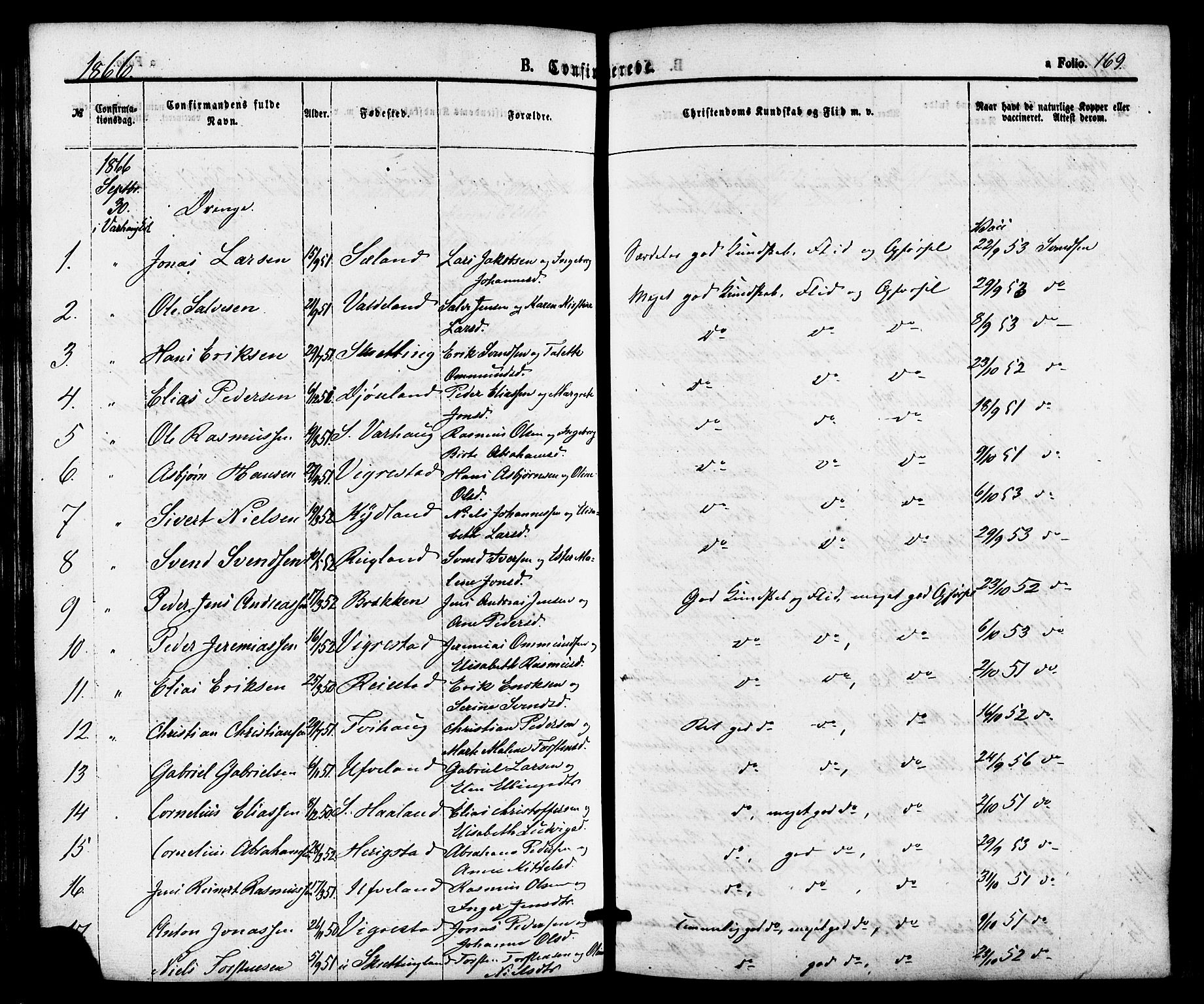 Hå sokneprestkontor, AV/SAST-A-101801/001/30BA/L0009: Parish register (official) no. A 8, 1855-1878, p. 169