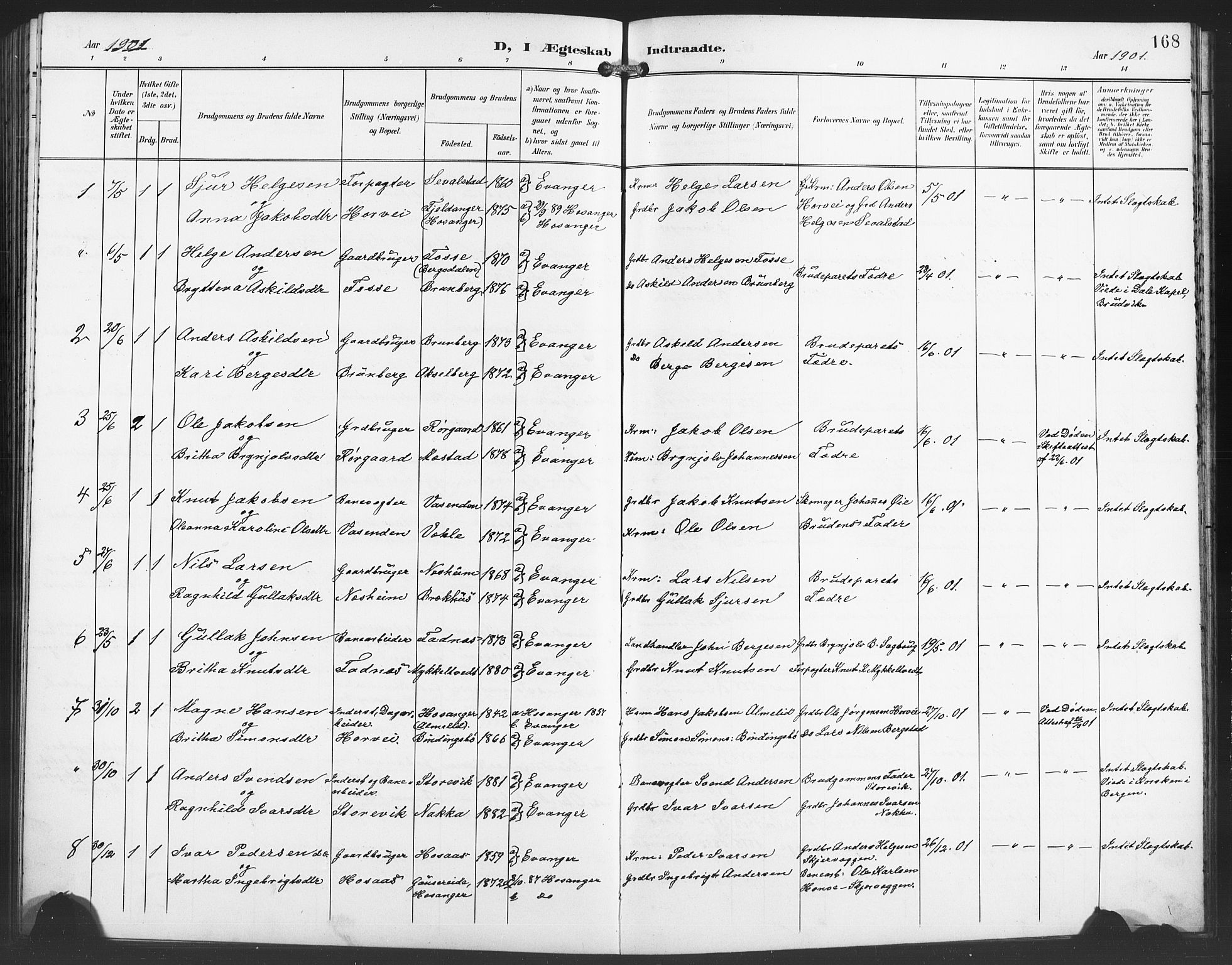 Evanger sokneprestembete, SAB/A-99924: Parish register (copy) no. A 5, 1897-1917, p. 168