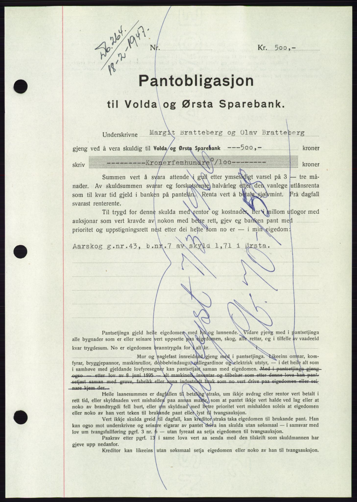 Søre Sunnmøre sorenskriveri, AV/SAT-A-4122/1/2/2C/L0114: Mortgage book no. 1-2B, 1943-1947, Diary no: : 264/1947