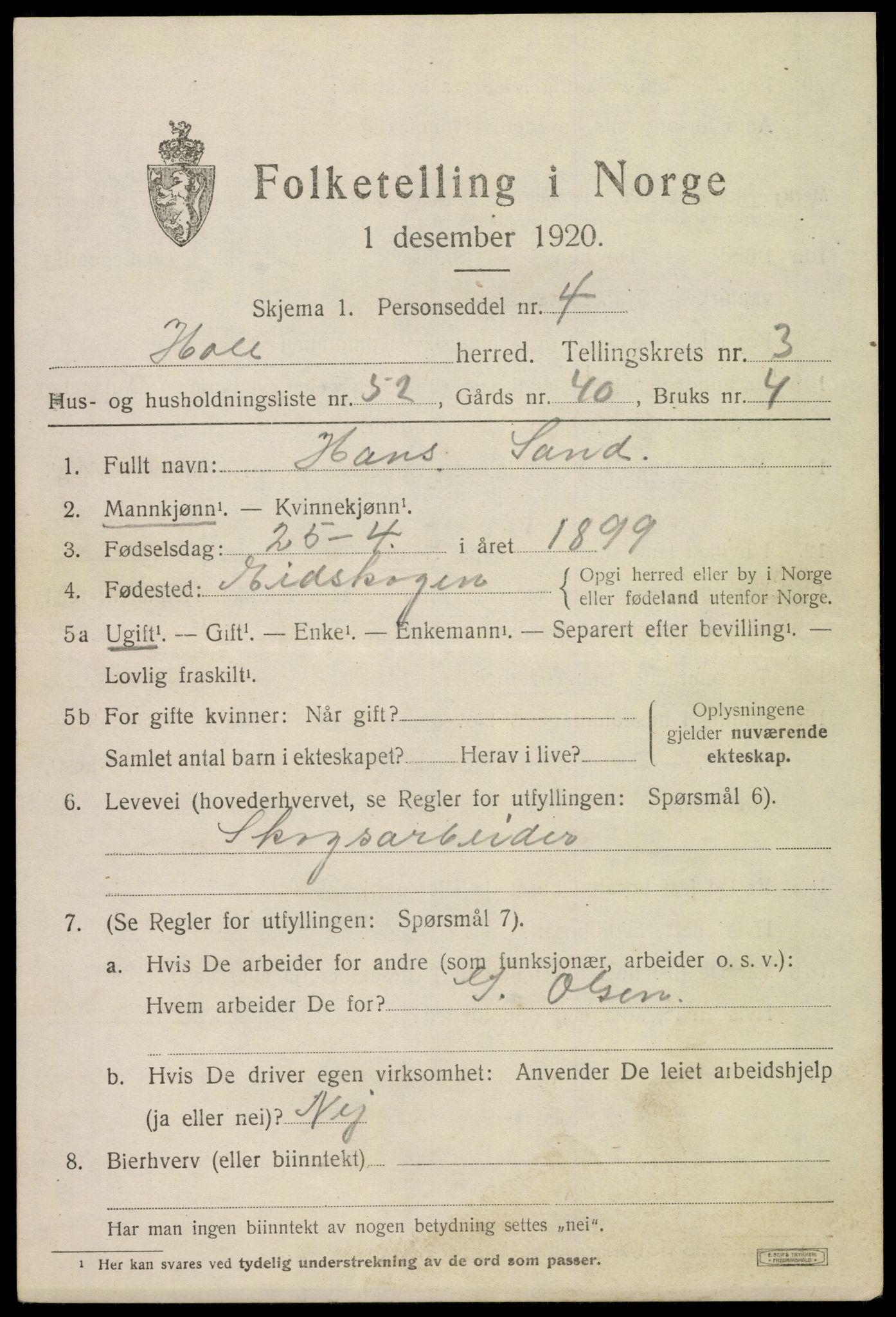 SAKO, 1920 census for Hole, 1920, p. 3139