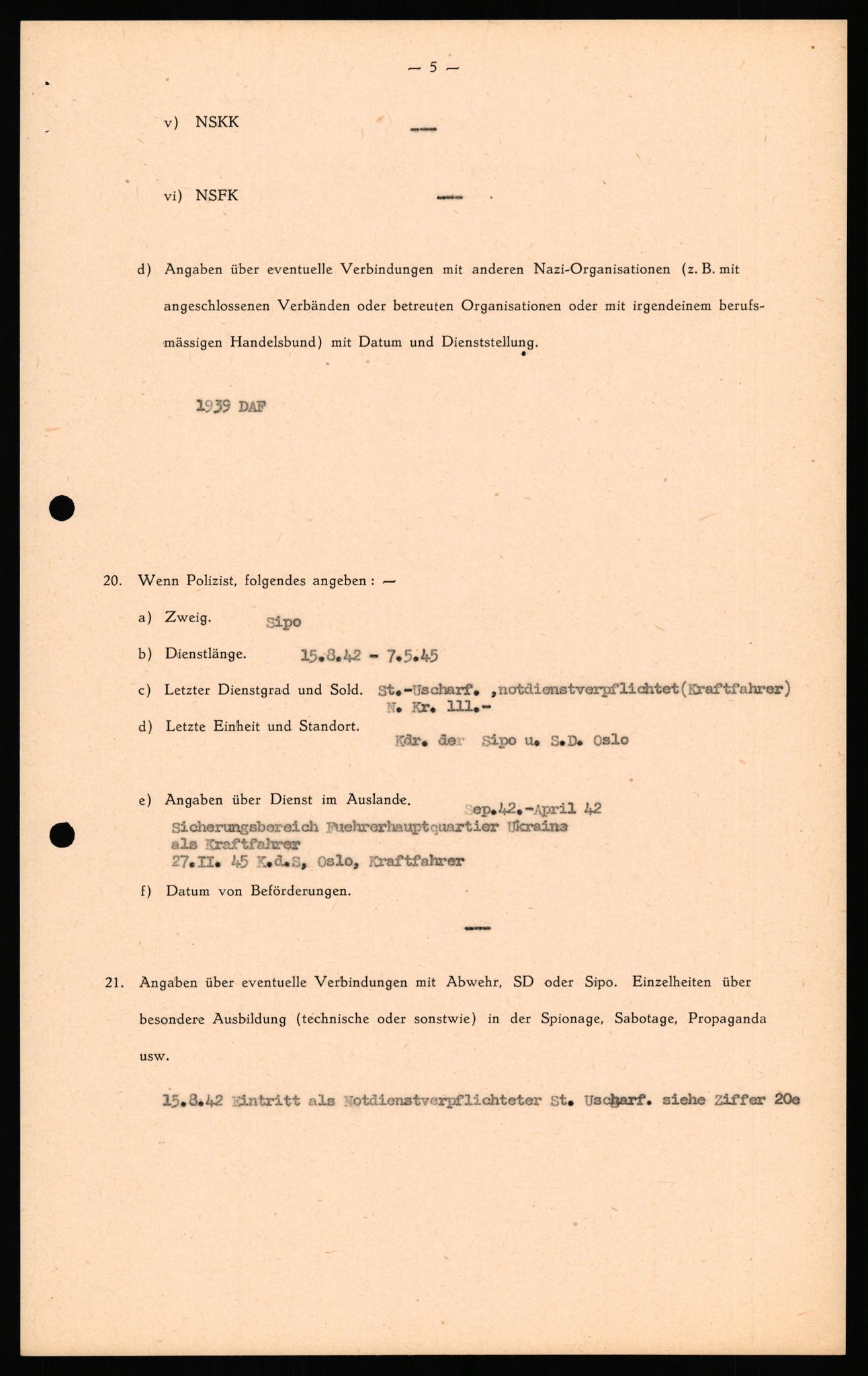 Forsvaret, Forsvarets overkommando II, RA/RAFA-3915/D/Db/L0039: CI Questionaires. Tyske okkupasjonsstyrker i Norge. Østerrikere., 1945-1946, p. 151