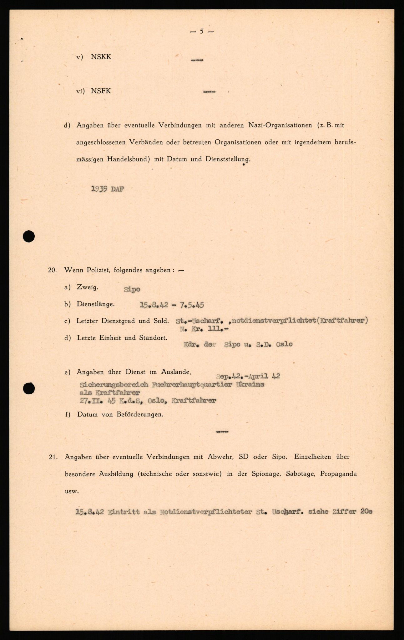 Forsvaret, Forsvarets overkommando II, AV/RA-RAFA-3915/D/Db/L0039: CI Questionaires. Tyske okkupasjonsstyrker i Norge. Østerrikere., 1945-1946, p. 151