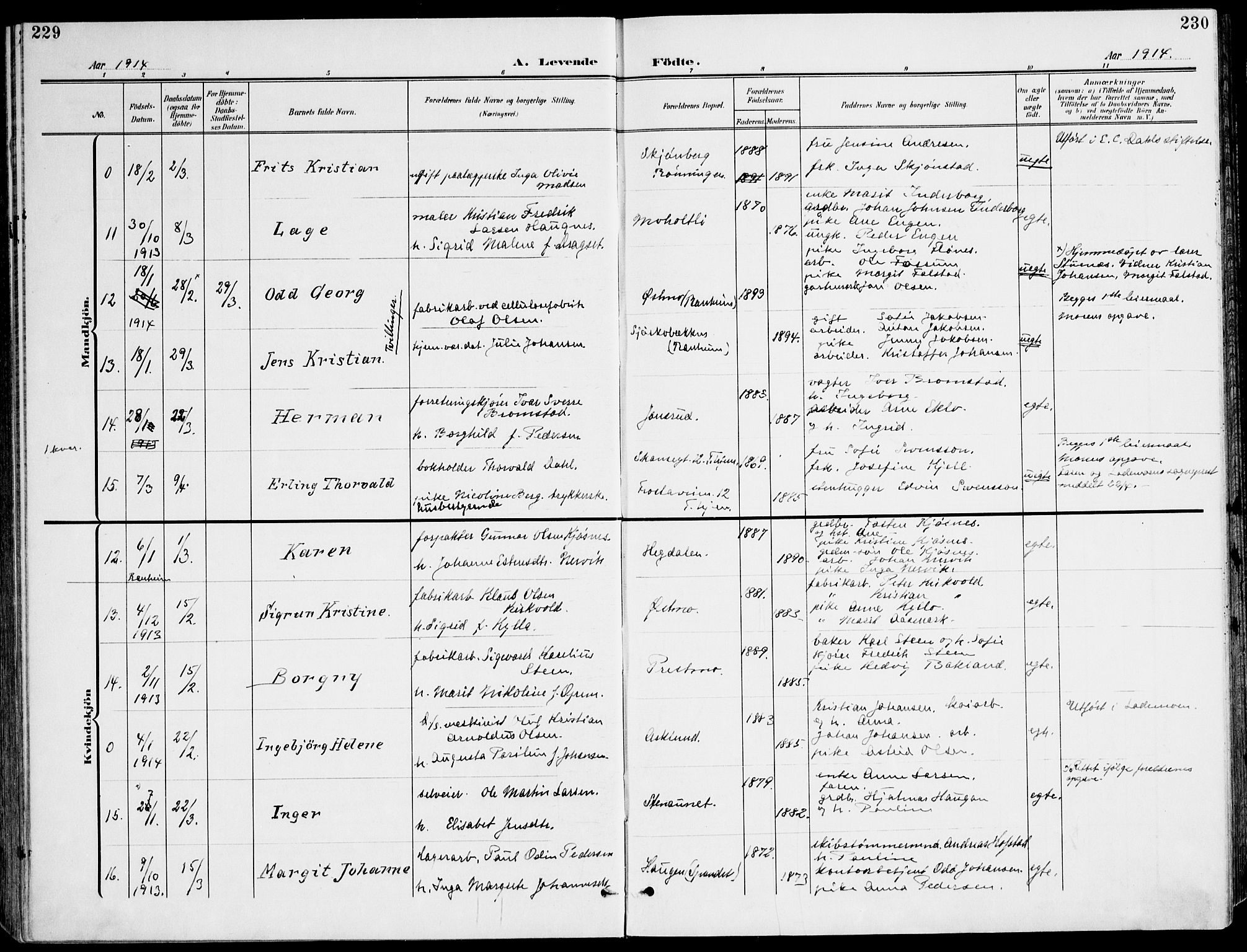 Ministerialprotokoller, klokkerbøker og fødselsregistre - Sør-Trøndelag, SAT/A-1456/607/L0320: Parish register (official) no. 607A04, 1907-1915, p. 229-230