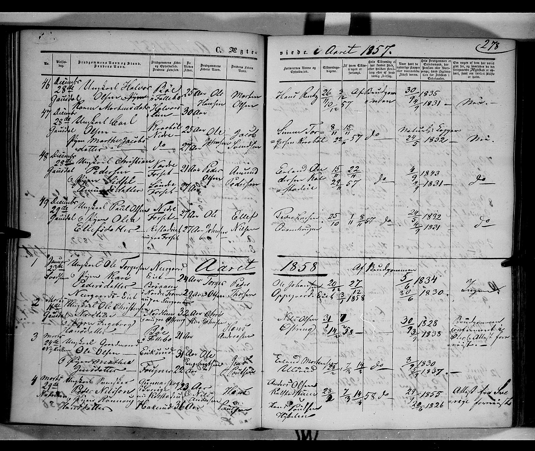 Gausdal prestekontor, SAH/PREST-090/H/Ha/Haa/L0008: Parish register (official) no. 8, 1850-1861, p. 278