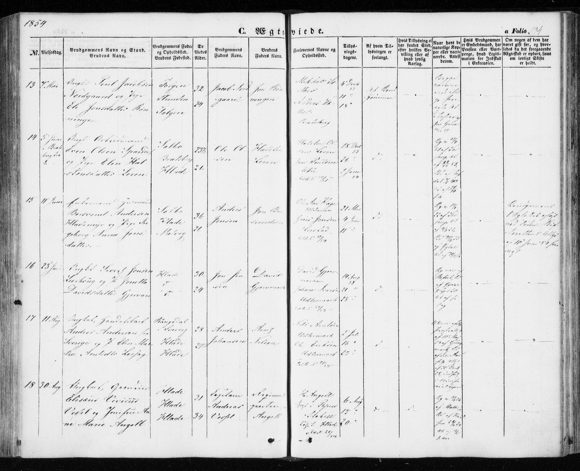 Ministerialprotokoller, klokkerbøker og fødselsregistre - Sør-Trøndelag, AV/SAT-A-1456/606/L0291: Parish register (official) no. 606A06, 1848-1856, p. 234