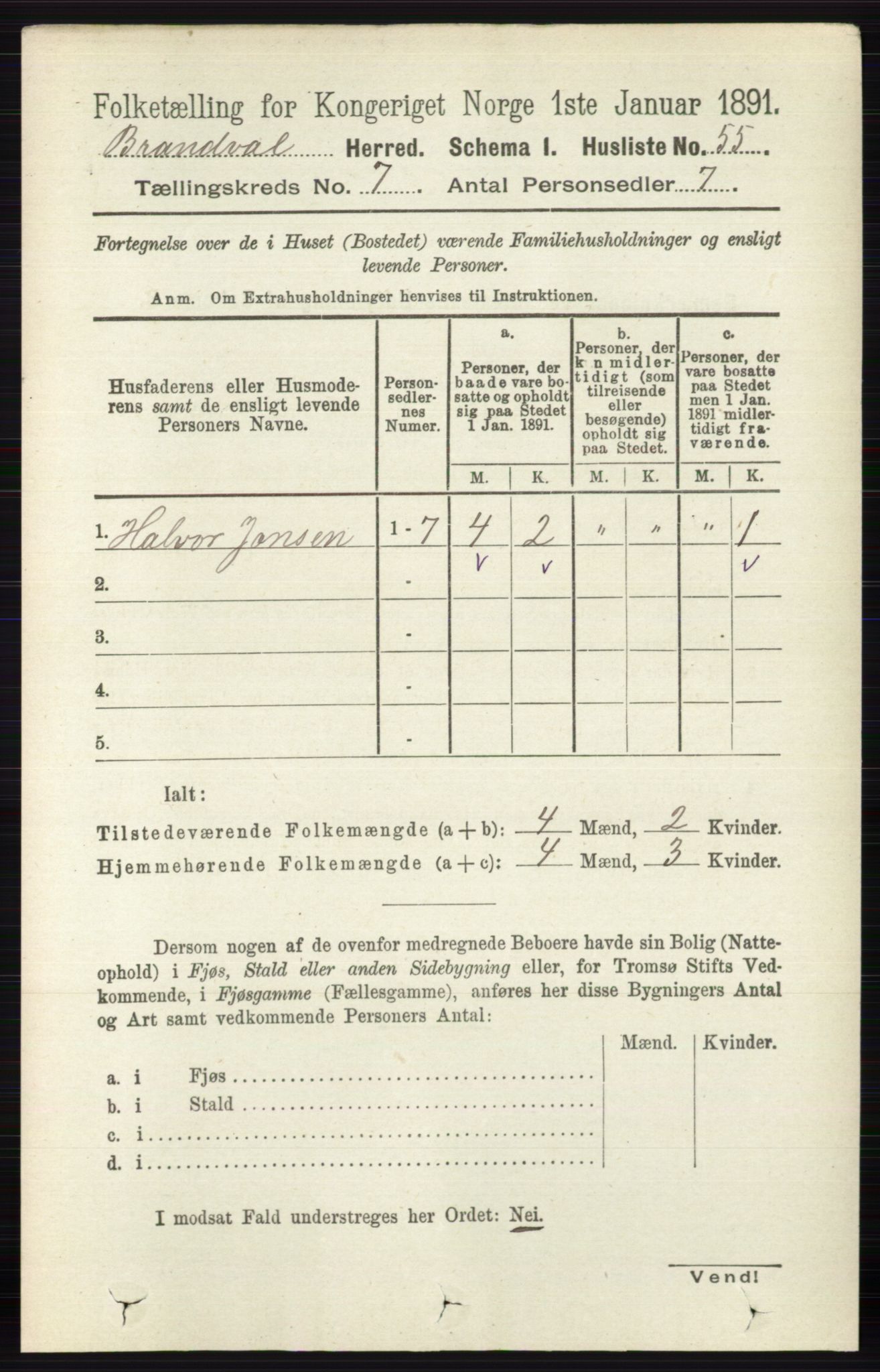 RA, 1891 census for 0422 Brandval, 1891, p. 3313