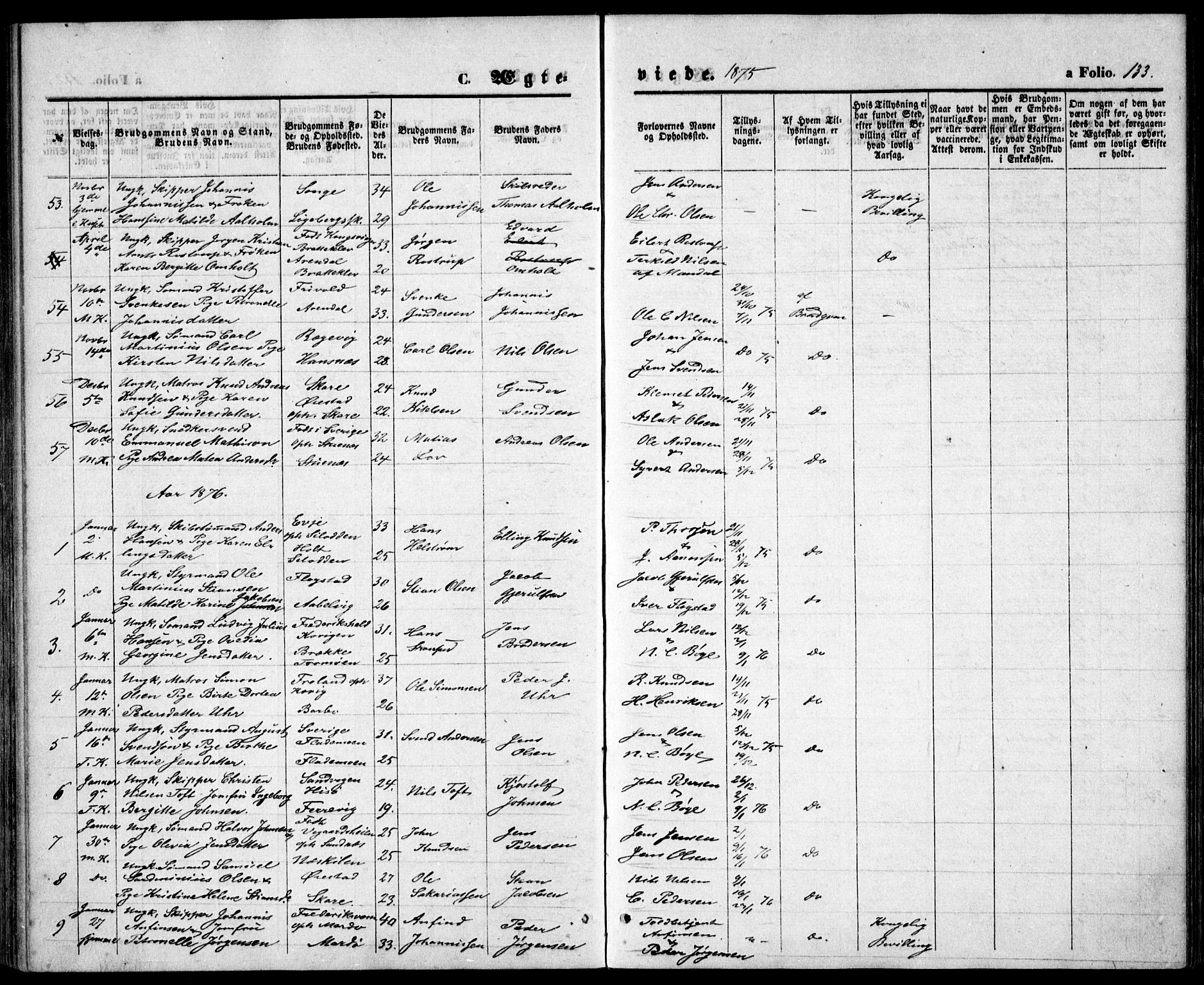 Tromøy sokneprestkontor, SAK/1111-0041/F/Fb/L0004: Parish register (copy) no. B 4, 1869-1877, p. 133