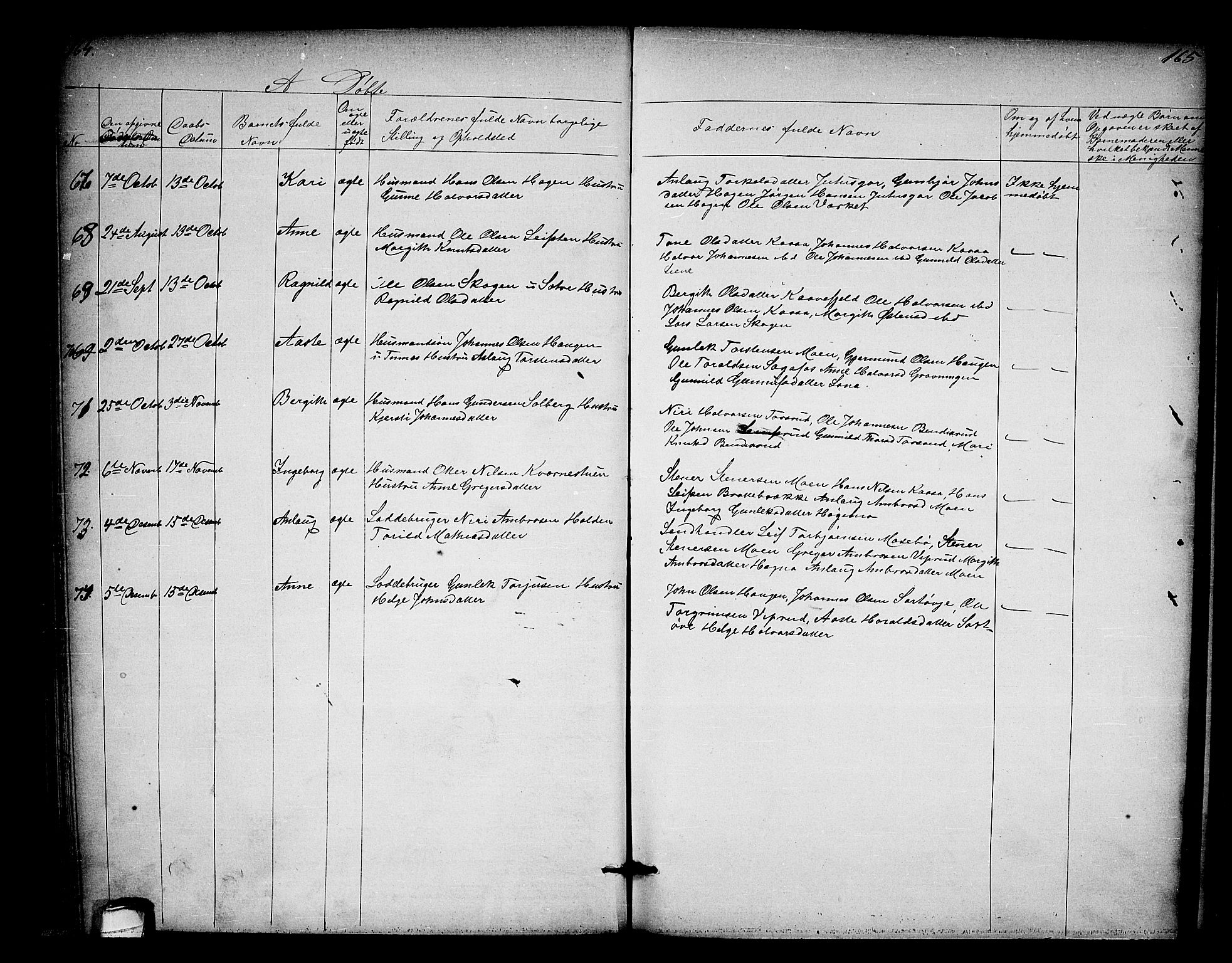 Heddal kirkebøker, AV/SAKO-A-268/G/Ga/L0001: Parish register (copy) no. I 1, 1866-1878, p. 164-165