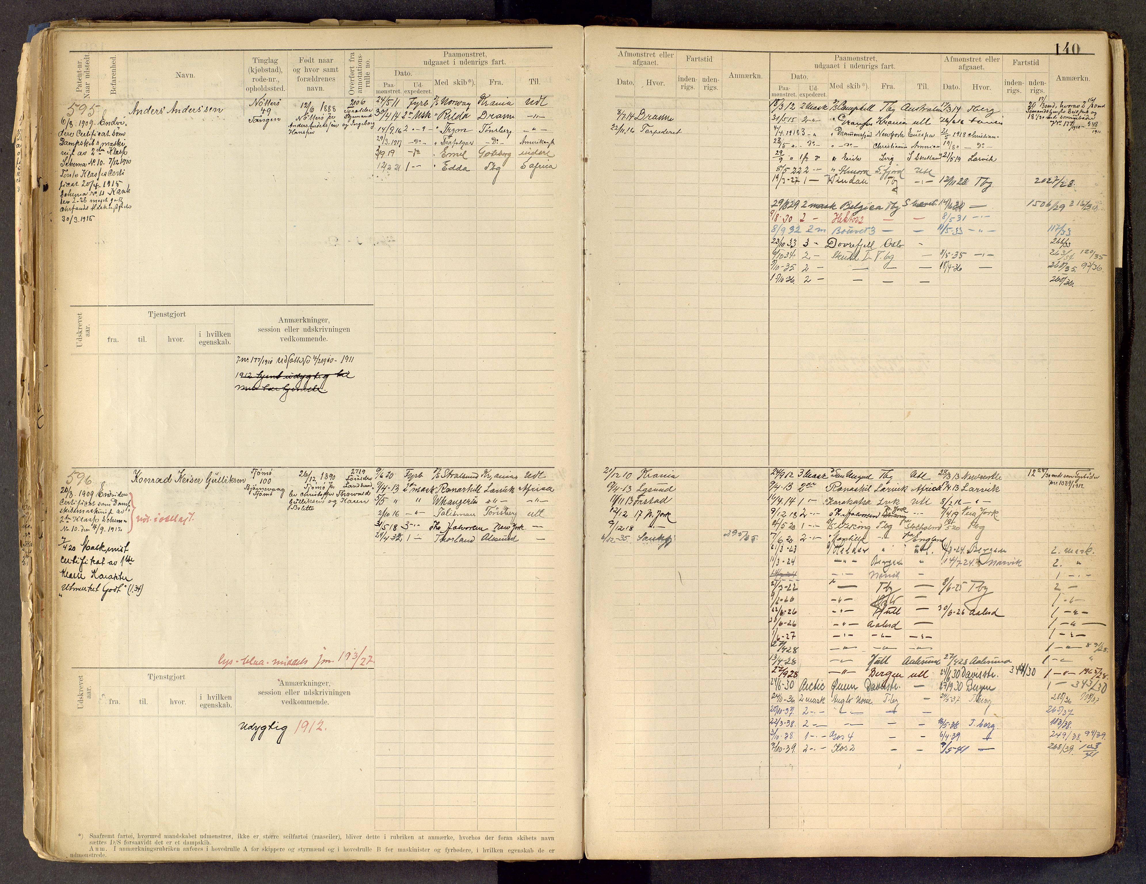 Tønsberg innrulleringskontor, AV/SAKO-A-786/F/Fe/L0002: Maskinist- og fyrbøterrulle Patent nr. 315-1110, 1902-1924, p. 140