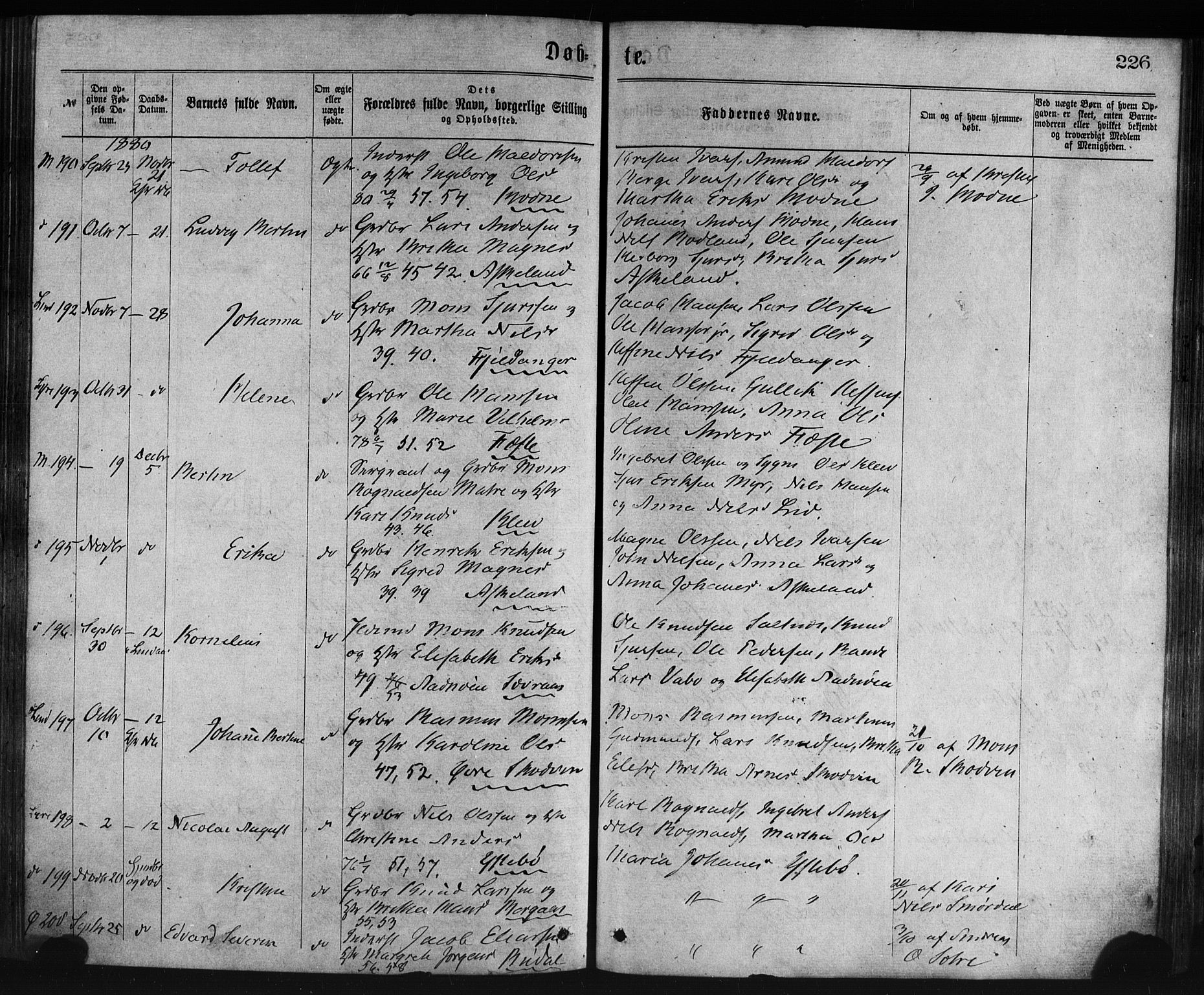 Lindås Sokneprestembete, AV/SAB-A-76701/H/Haa/Haaa/L0018: Parish register (official) no. A 18, 1869-1885, p. 226