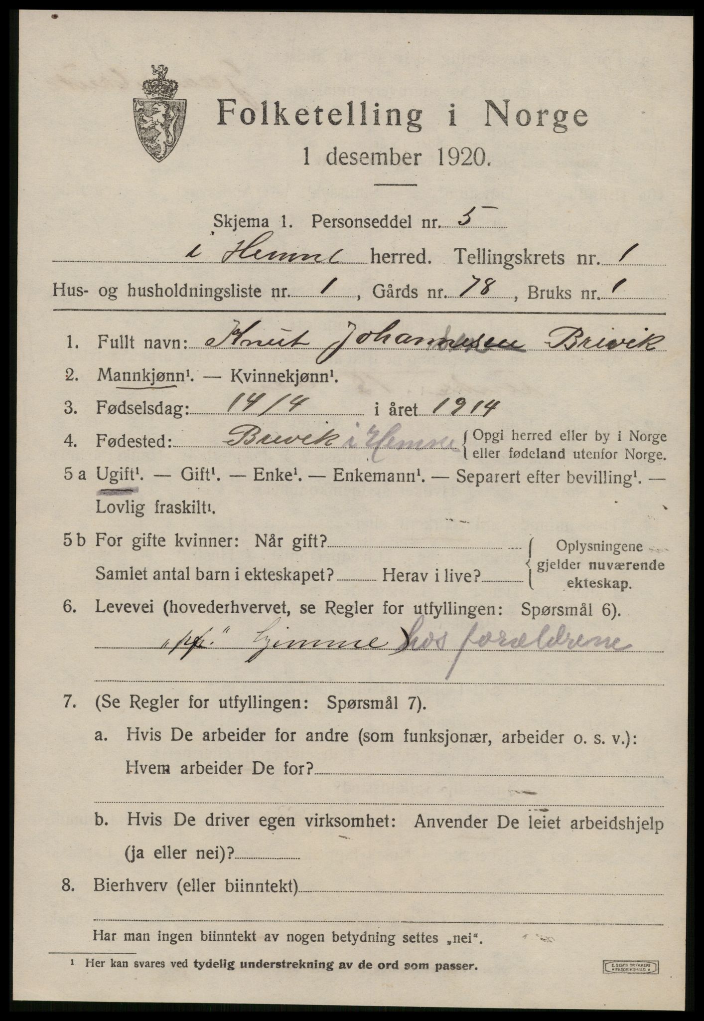 SAT, 1920 census for Hemne, 1920, p. 1244