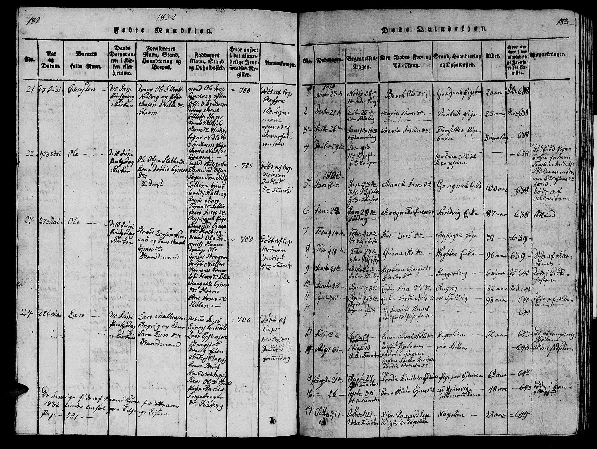 Ministerialprotokoller, klokkerbøker og fødselsregistre - Møre og Romsdal, AV/SAT-A-1454/586/L0990: Parish register (copy) no. 586C01, 1819-1837, p. 182-183