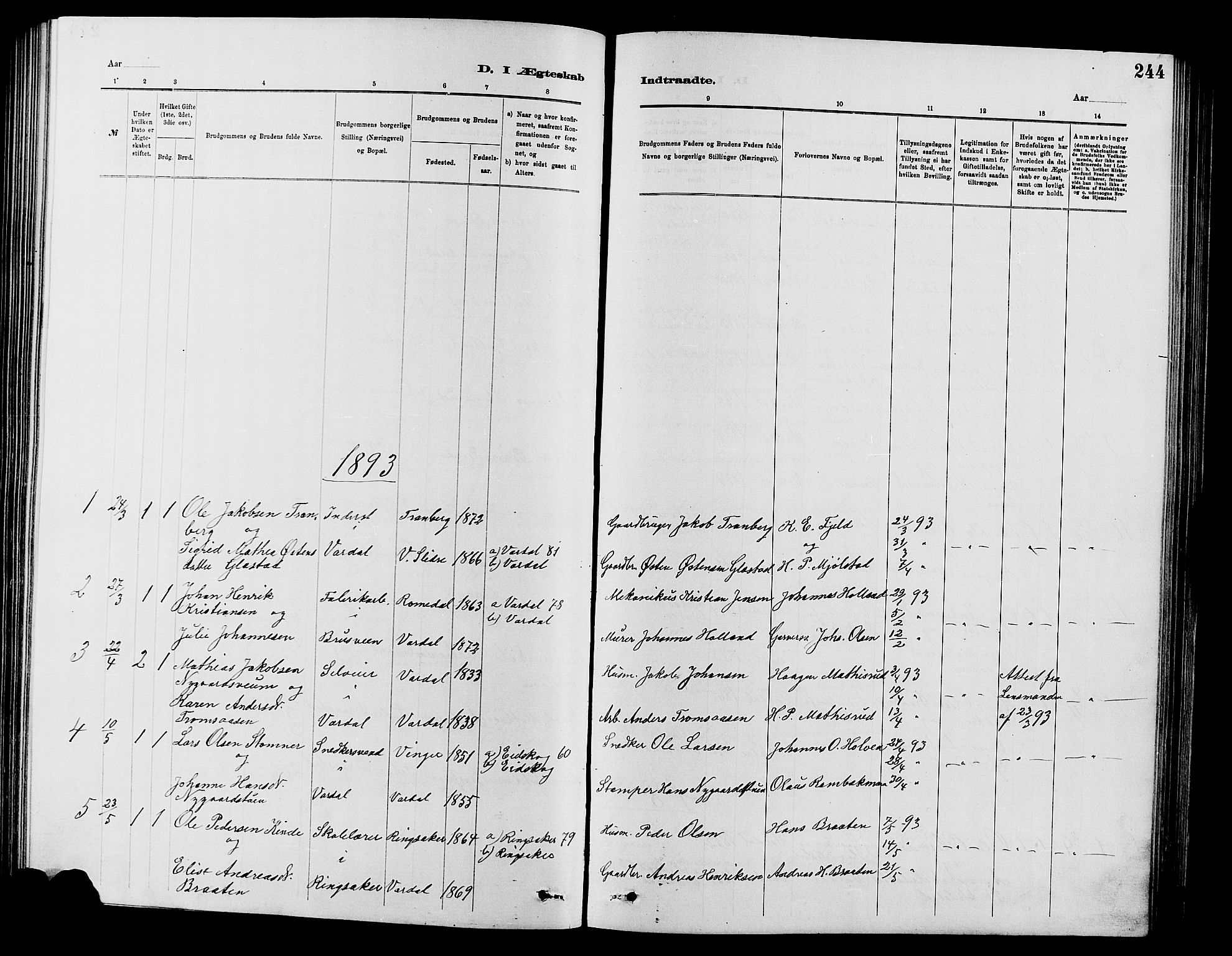 Vardal prestekontor, SAH/PREST-100/H/Ha/Hab/L0007: Parish register (copy) no. 7 /1, 1881-1895, p. 244