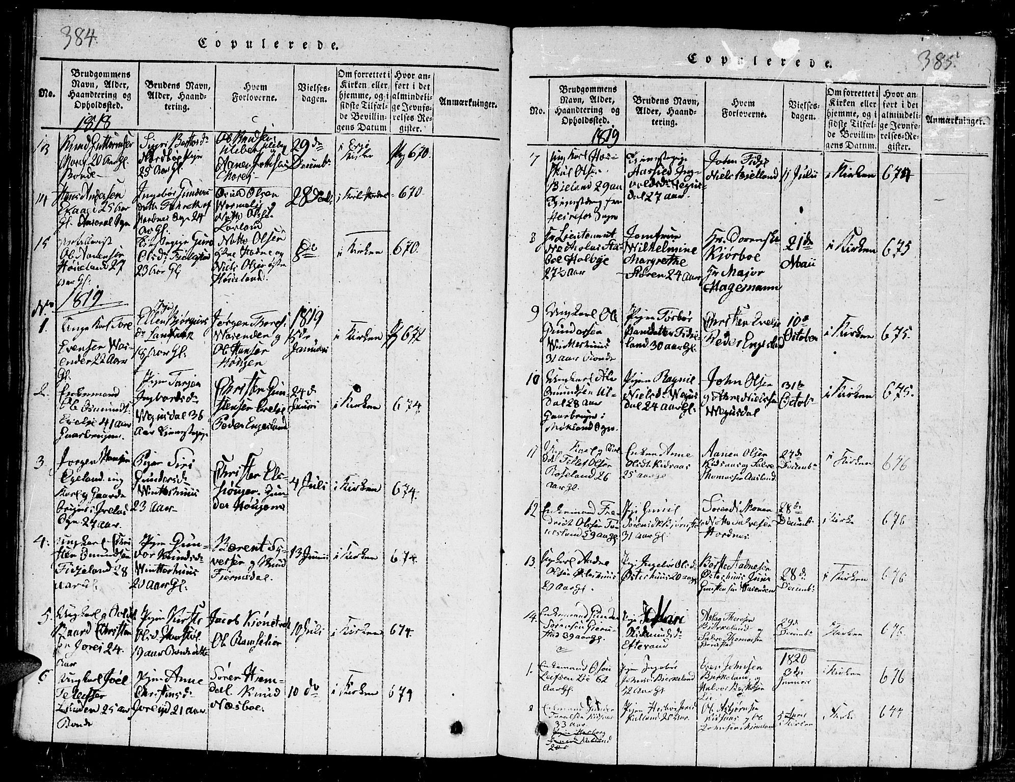 Evje sokneprestkontor, AV/SAK-1111-0008/F/Fb/Fba/L0001: Parish register (copy) no. B 1, 1816-1842, p. 384-385