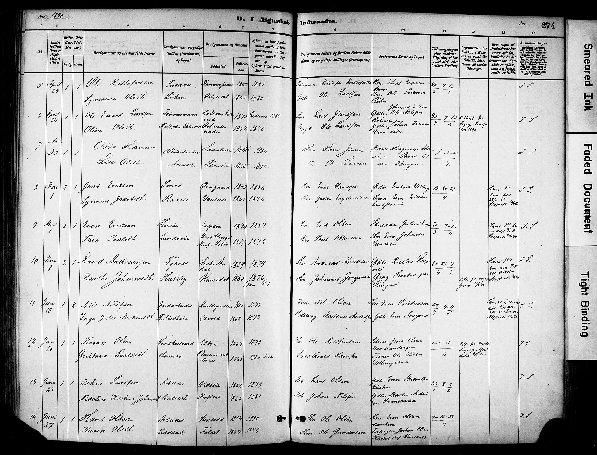 Stange prestekontor, SAH/PREST-002/K/L0017: Parish register (official) no. 17, 1880-1893, p. 274