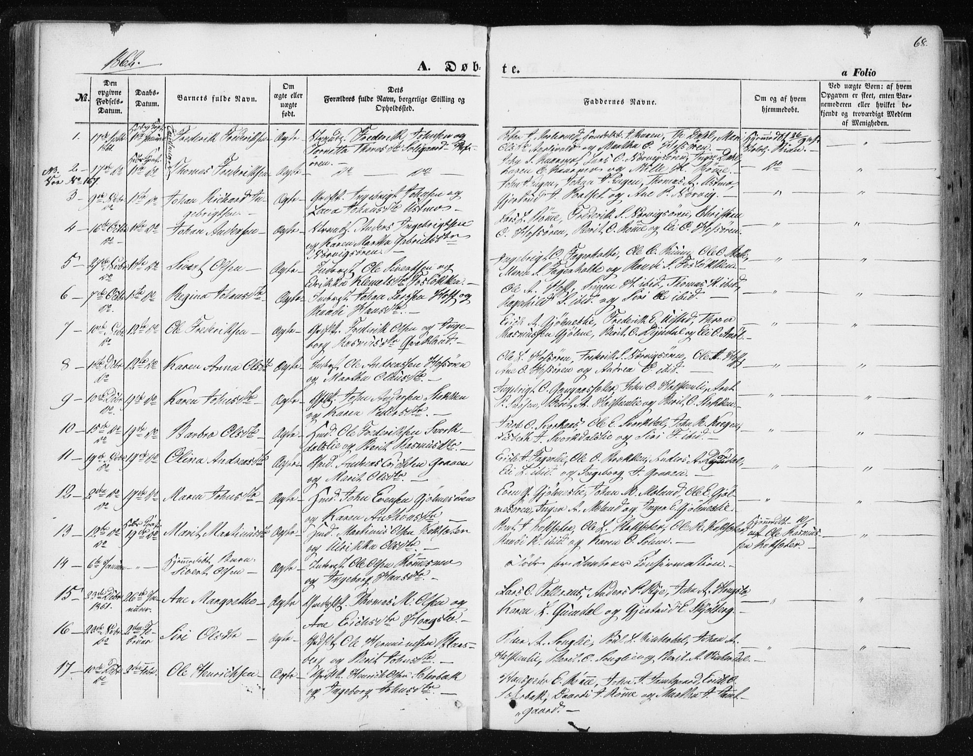 Ministerialprotokoller, klokkerbøker og fødselsregistre - Sør-Trøndelag, SAT/A-1456/668/L0806: Parish register (official) no. 668A06, 1854-1869, p. 68