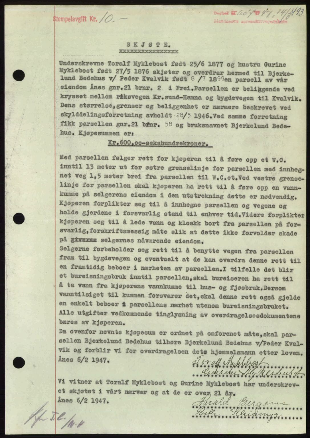 Nordmøre sorenskriveri, AV/SAT-A-4132/1/2/2Ca: Mortgage book no. A104, 1947-1947, Diary no: : 607/1947