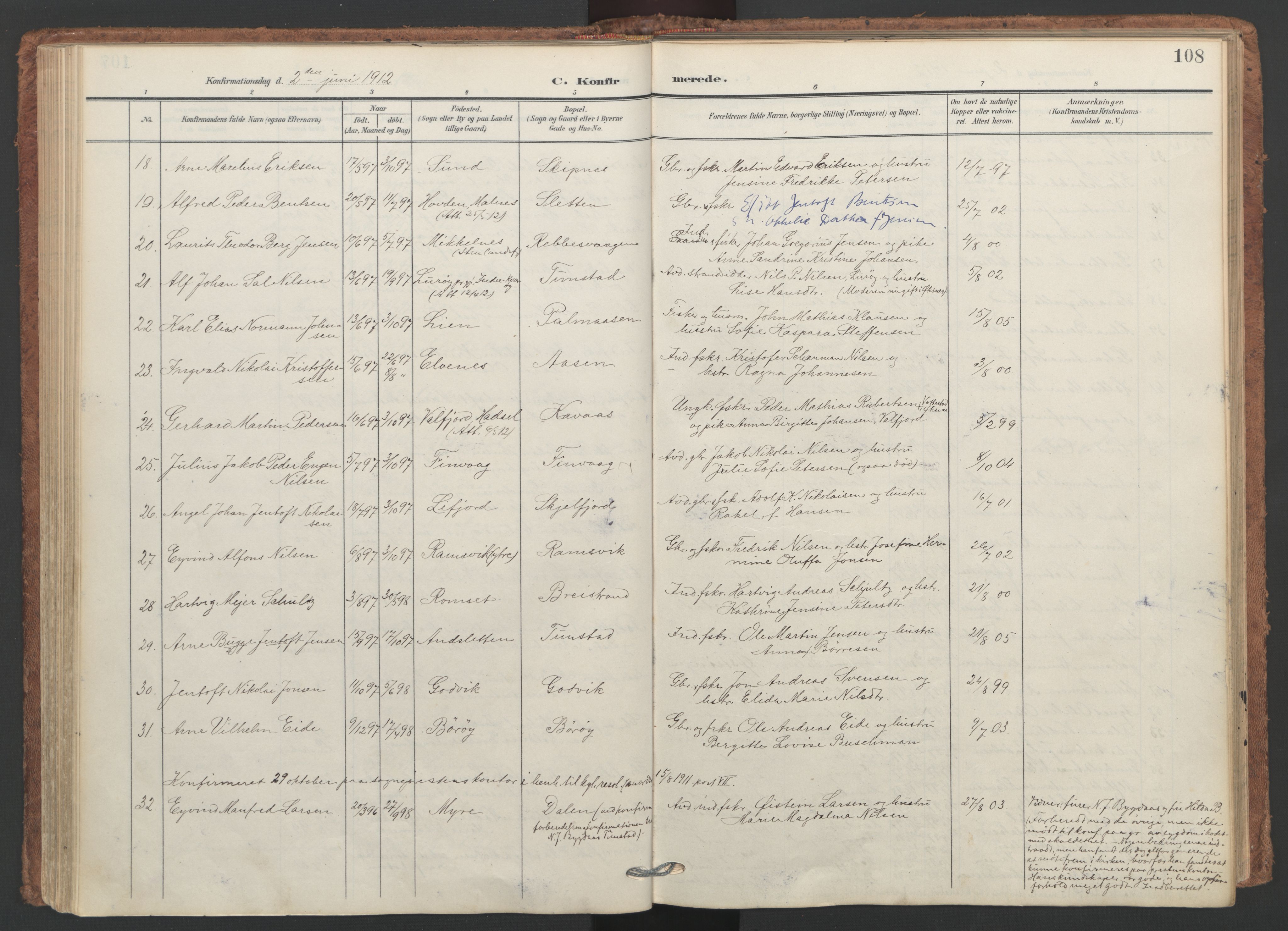 Ministerialprotokoller, klokkerbøker og fødselsregistre - Nordland, AV/SAT-A-1459/893/L1339: Parish register (official) no. 893A11, 1904-1914, p. 108