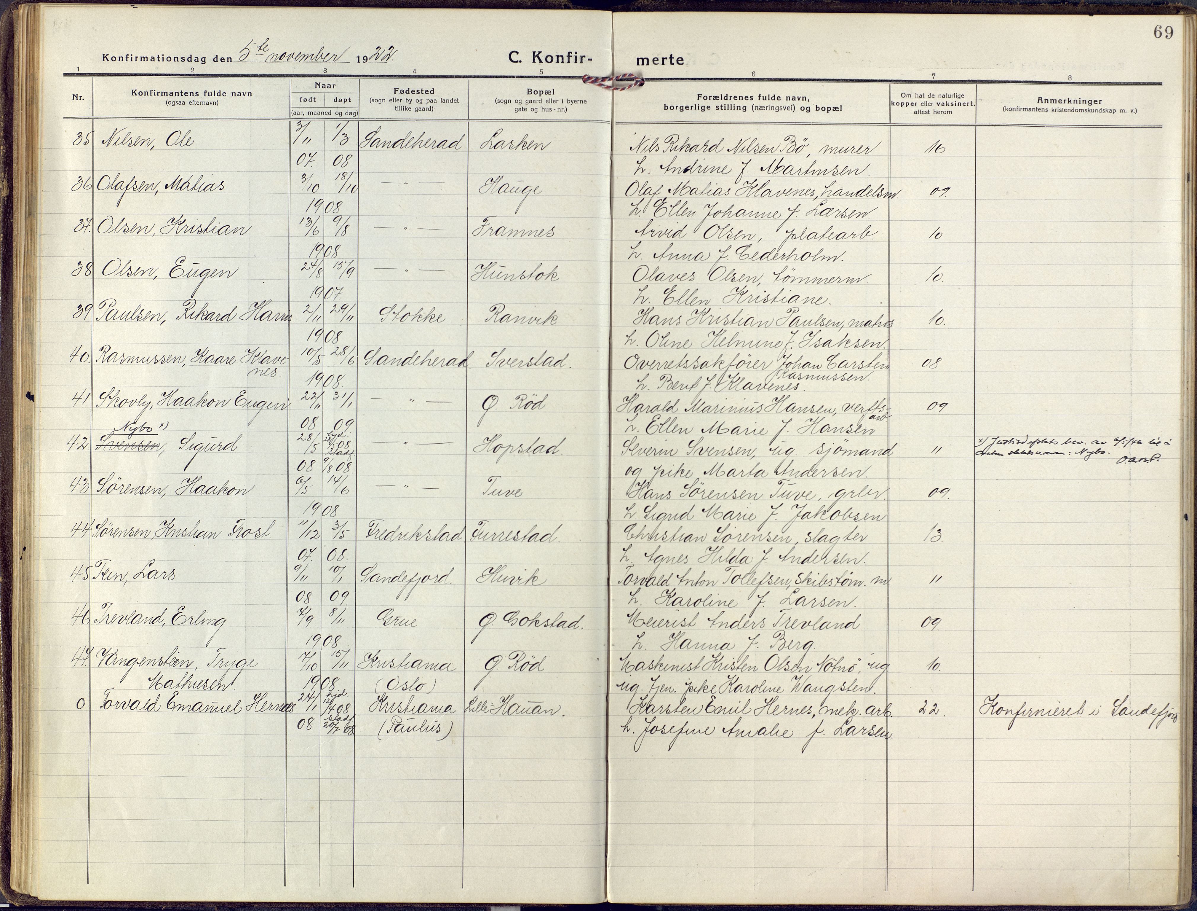 Sandar kirkebøker, SAKO/A-243/F/Fa/L0018: Parish register (official) no. 18, 1917-1926, p. 69