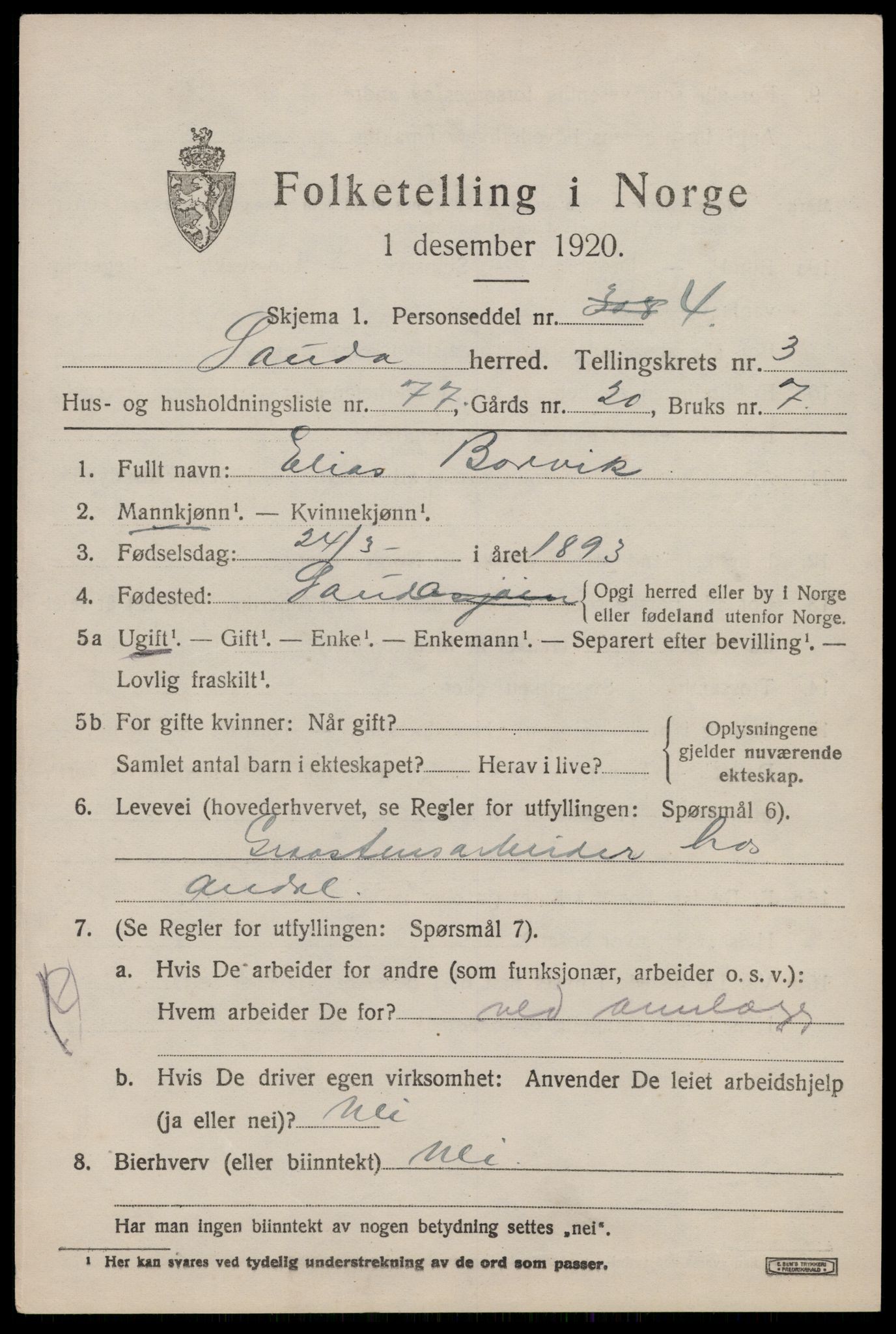 SAST, 1920 census for Sauda, 1920, p. 1714