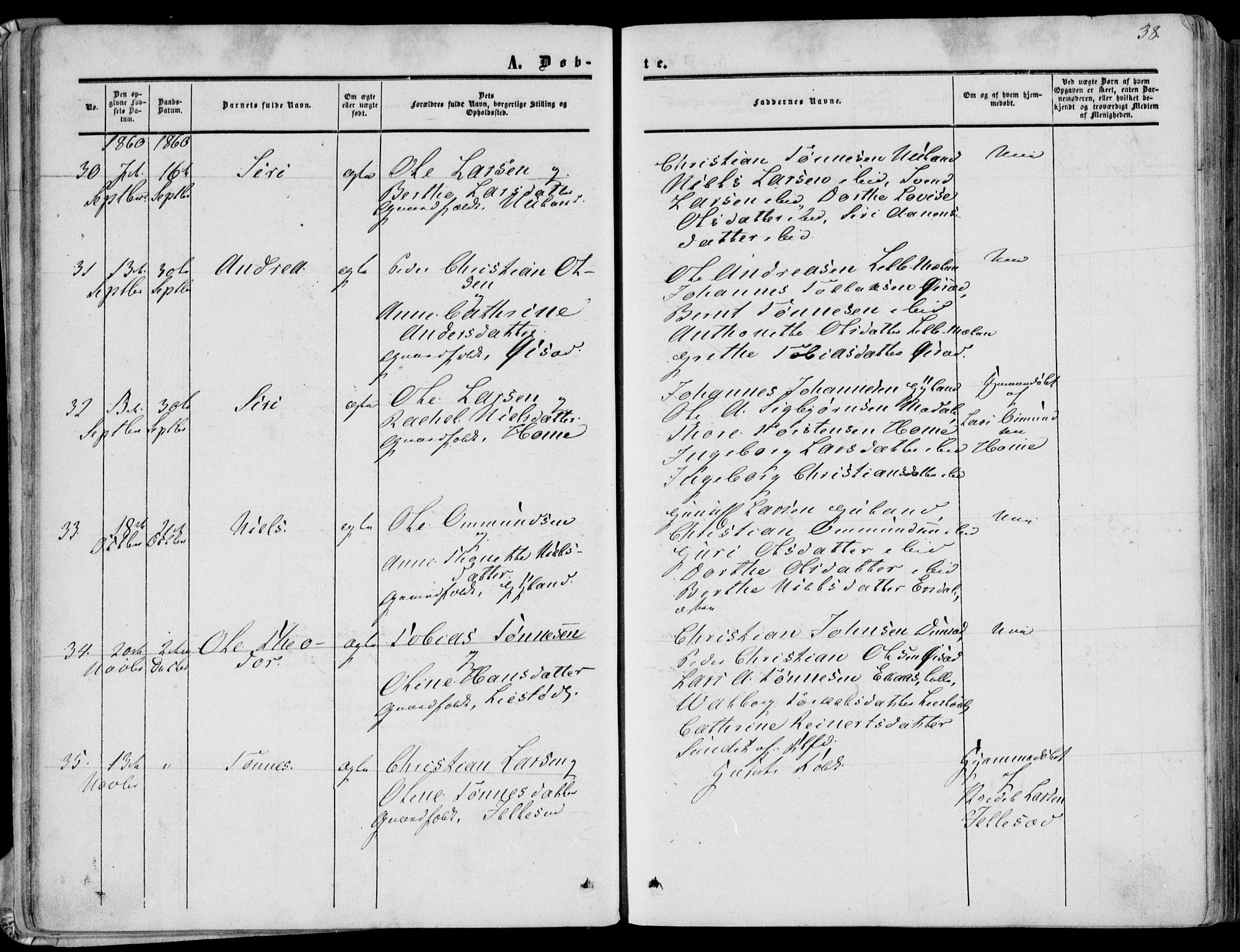 Bakke sokneprestkontor, AV/SAK-1111-0002/F/Fa/Fab/L0002: Parish register (official) no. A 2, 1855-1884, p. 38