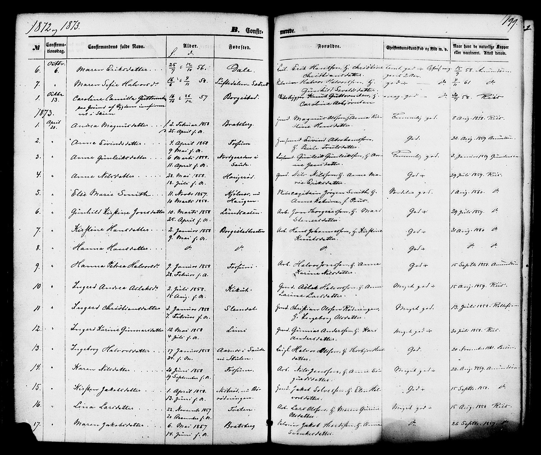 Gjerpen kirkebøker, SAKO/A-265/F/Fa/L0009: Parish register (official) no. I 9, 1872-1885, p. 199