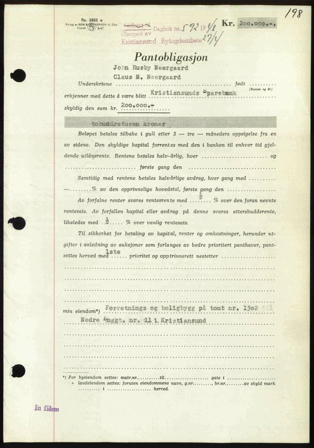 Kristiansund byfogd, AV/SAT-A-4587/A/27: Mortgage book no. 44, 1947-1948, Diary no: : 592/1948