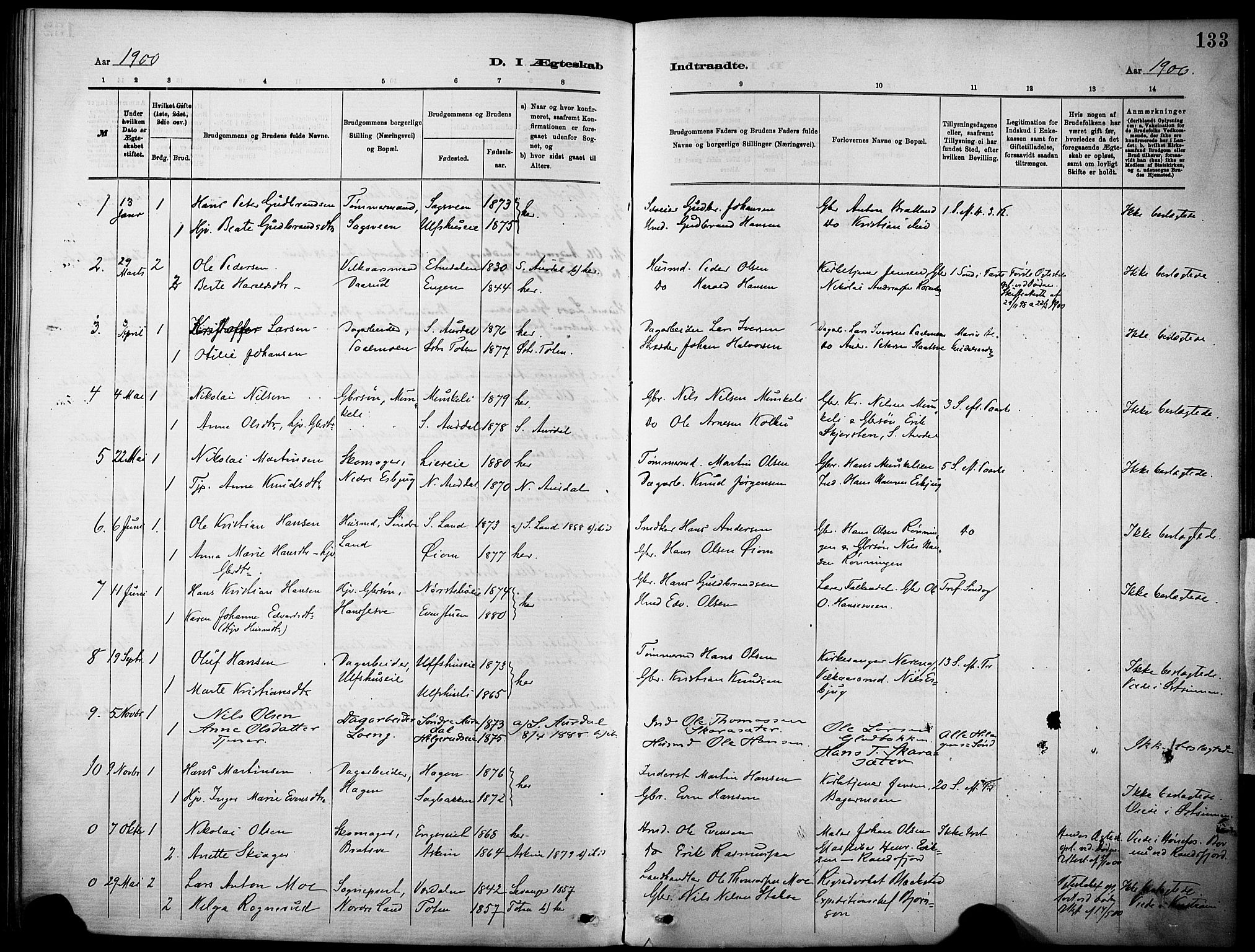 Nordre Land prestekontor, SAH/PREST-124/H/Ha/Haa/L0005: Parish register (official) no. 5, 1882-1903, p. 133