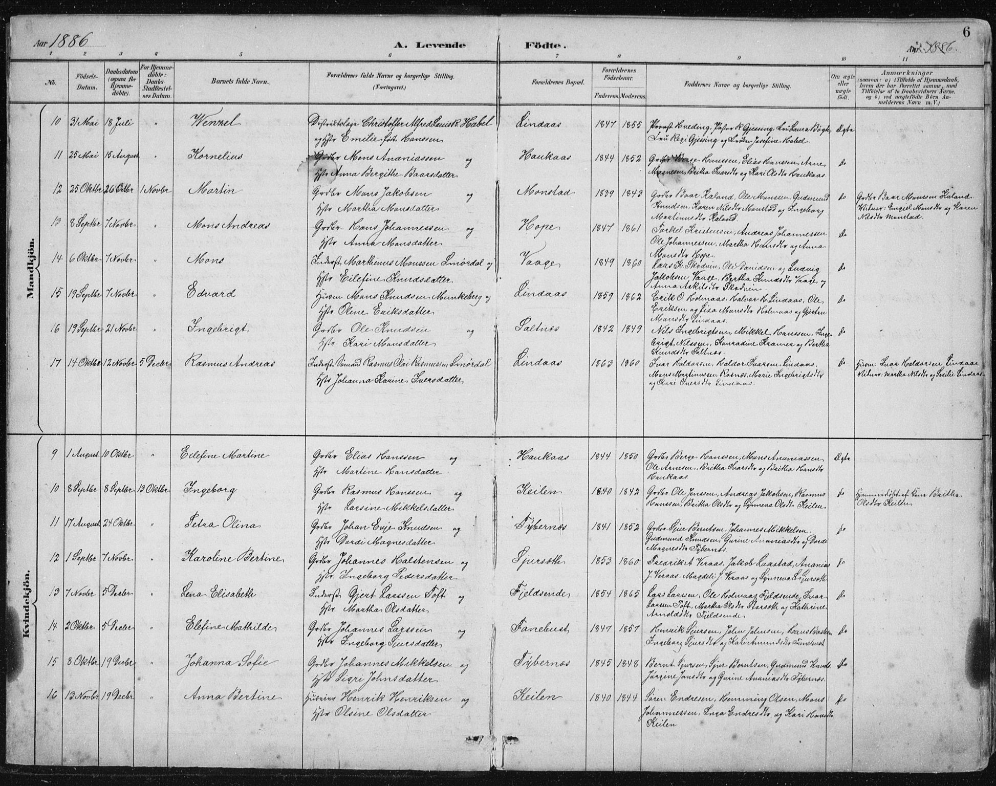 Lindås Sokneprestembete, SAB/A-76701/H/Hab: Parish register (copy) no. B 3, 1886-1914, p. 6