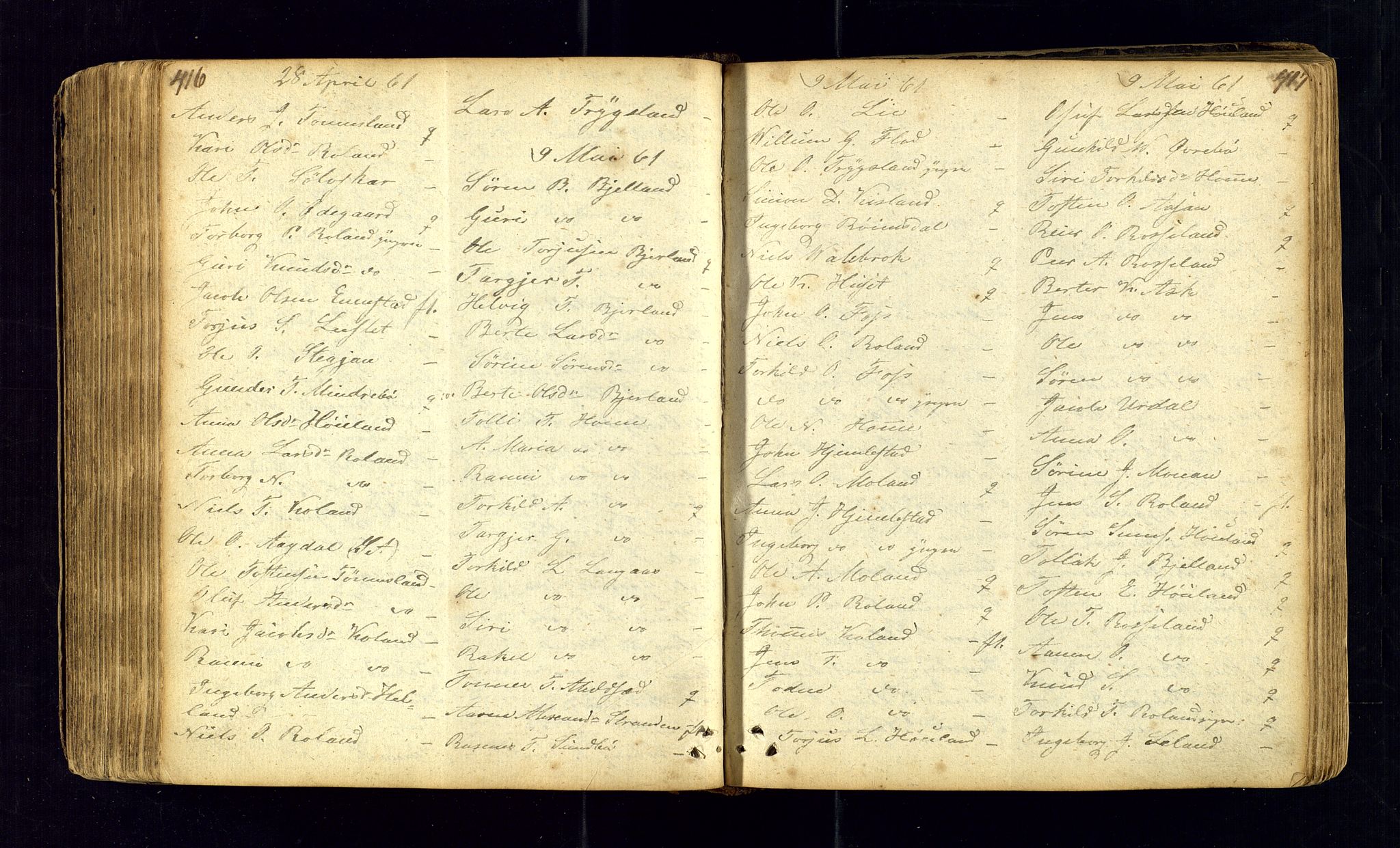 Bjelland sokneprestkontor, AV/SAK-1111-0005/F/Fc/Fca/L0001: Communicants register no. C-1, 1827-1887, p. 416-417