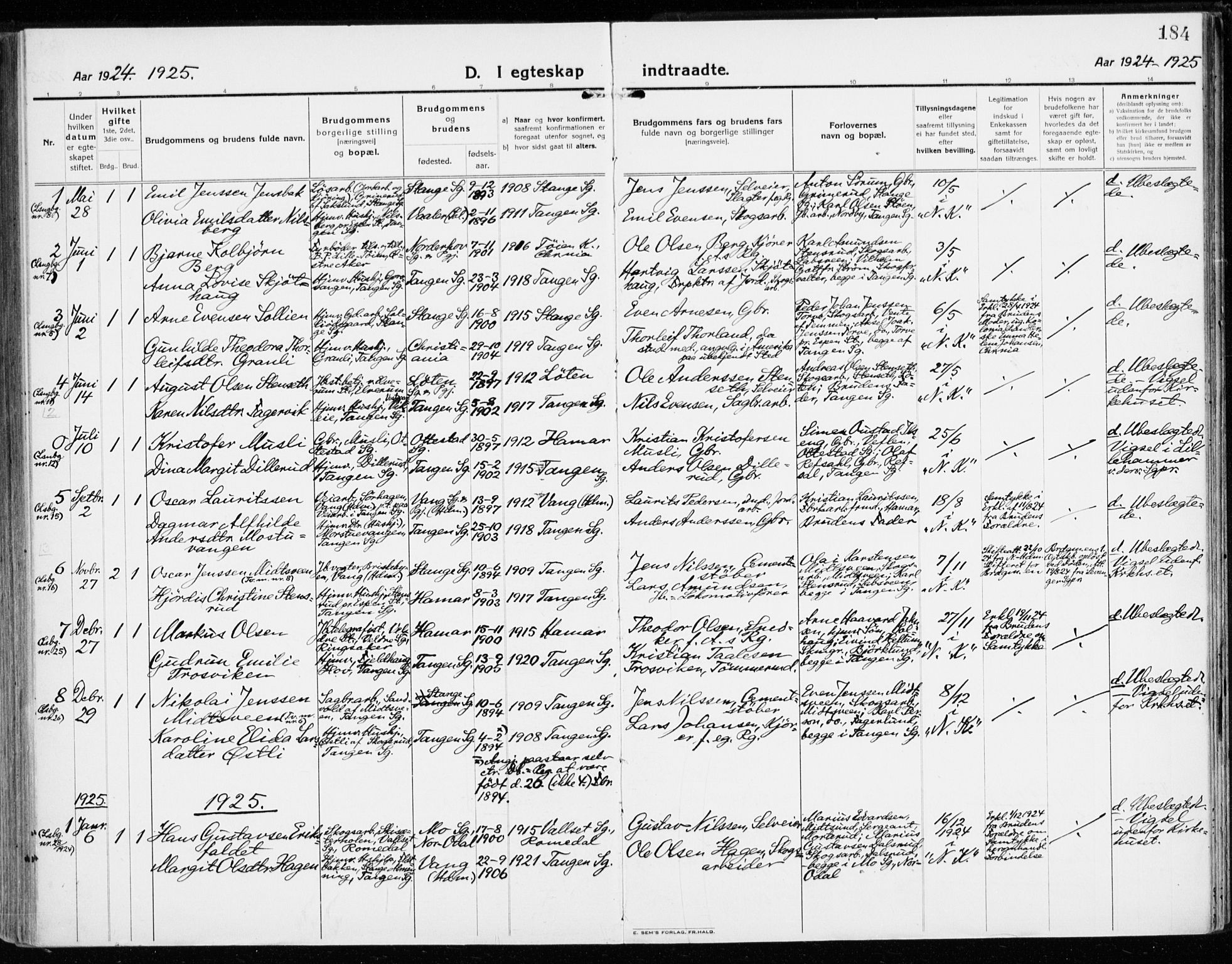 Stange prestekontor, SAH/PREST-002/K/L0025: Parish register (official) no. 25, 1921-1945, p. 184
