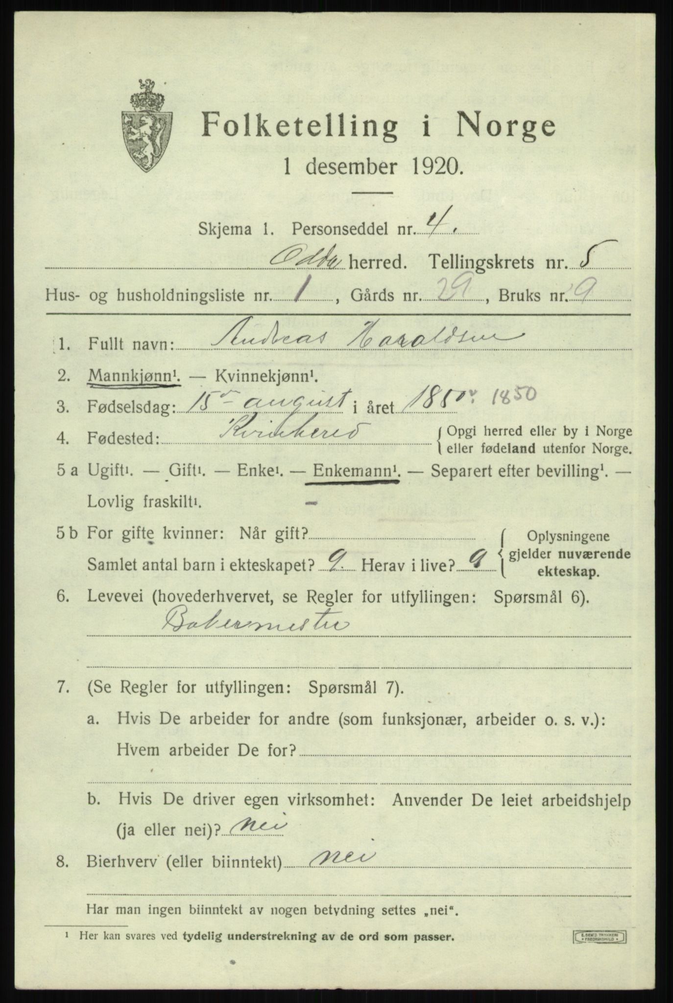 SAB, 1920 census for Odda, 1920, p. 3165