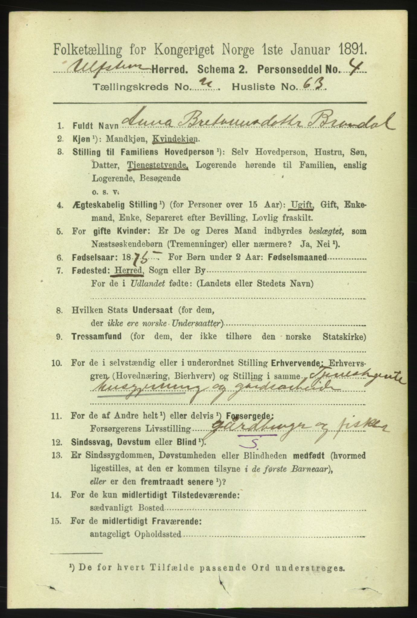 RA, 1891 census for 1516 Ulstein, 1891, p. 722