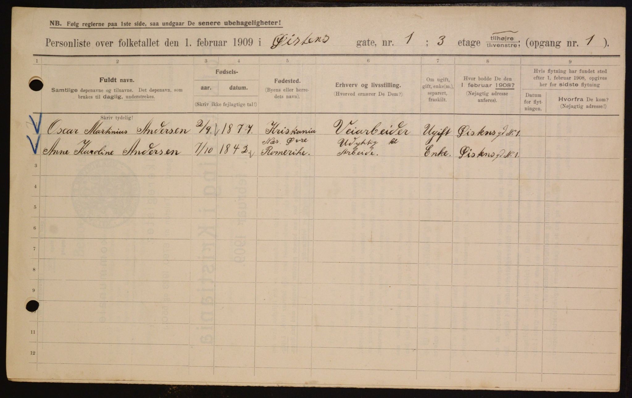 OBA, Municipal Census 1909 for Kristiania, 1909, p. 29539