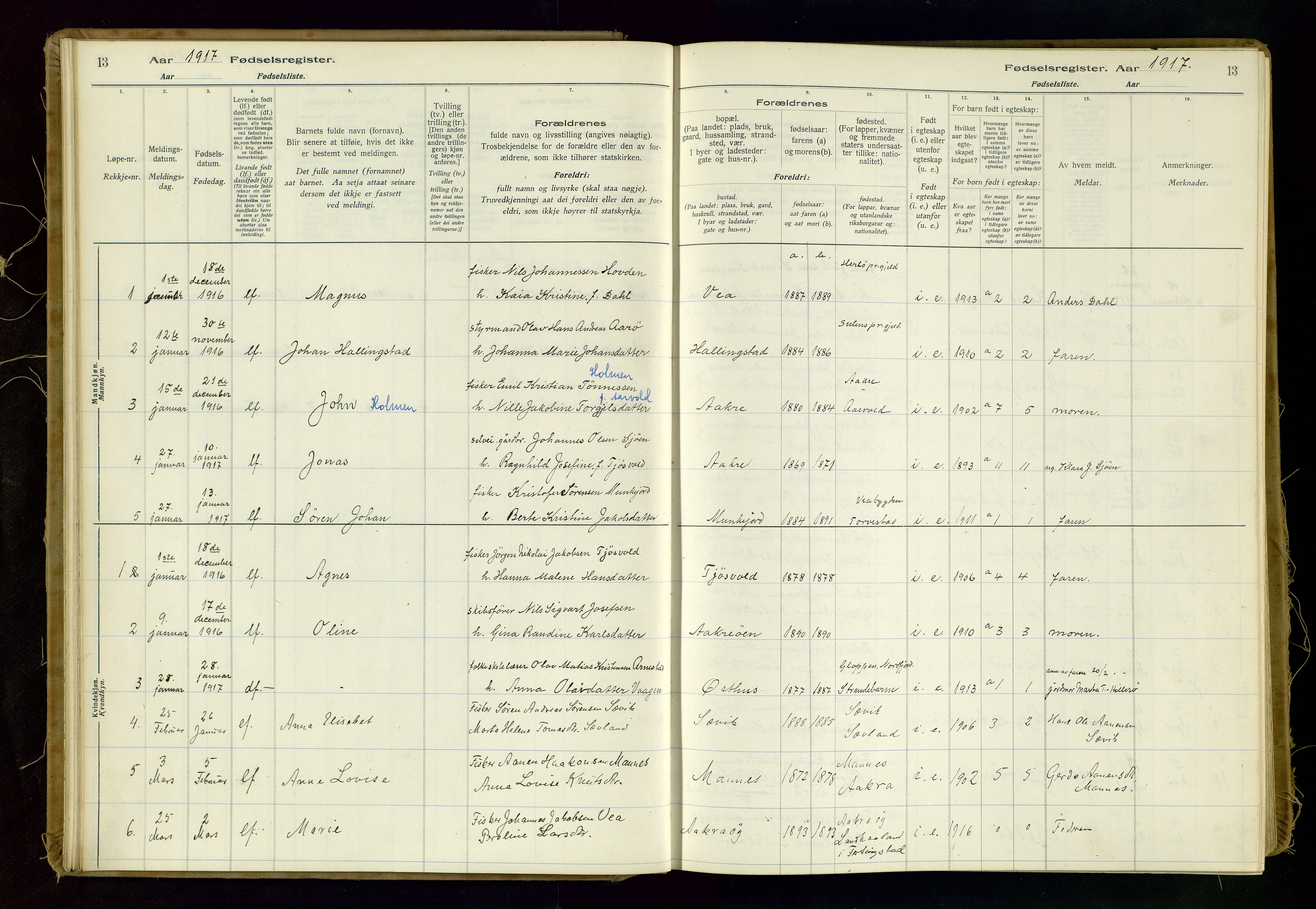 Kopervik sokneprestkontor, SAST/A-101850/I/Id/L0006: Birth register no. 6, 1916-1934, p. 13